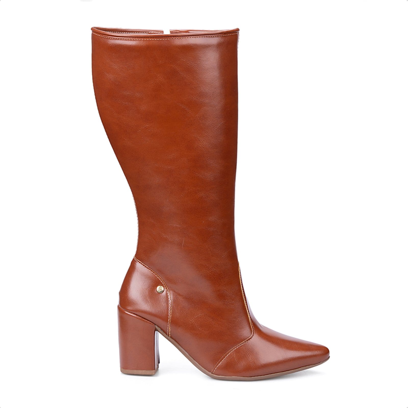 Vista 2 Bota Social Domidona Feminina Cano Alto Bico Fino Salto Alto Bloco Domidona caramelo