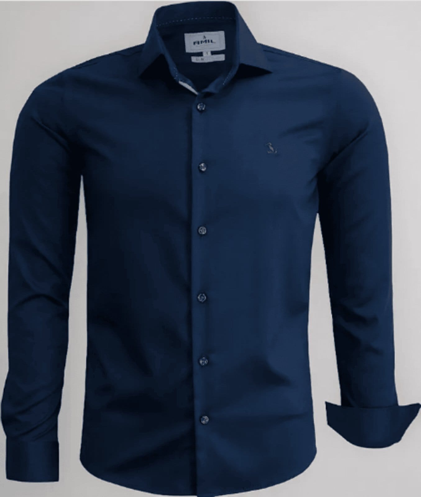 Camisa Social Amil Slim Bond Macia Viscose e Poliéster com Elastano Manga Longa Luxo Marinho