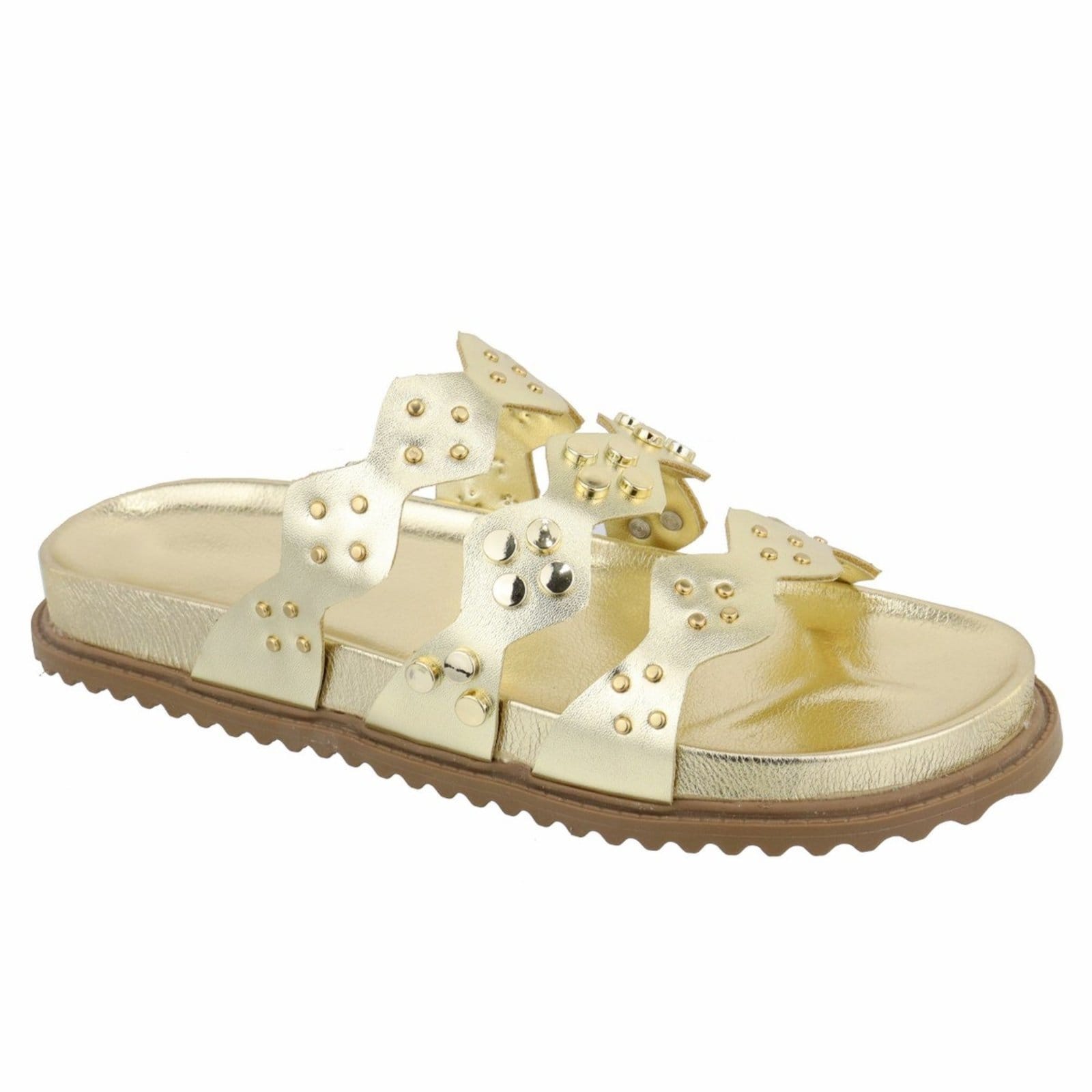 Vista principal Sandalia Papete Rasteira Flat Feminina Ouro Light Bolinhas TELLINI STORE off-white