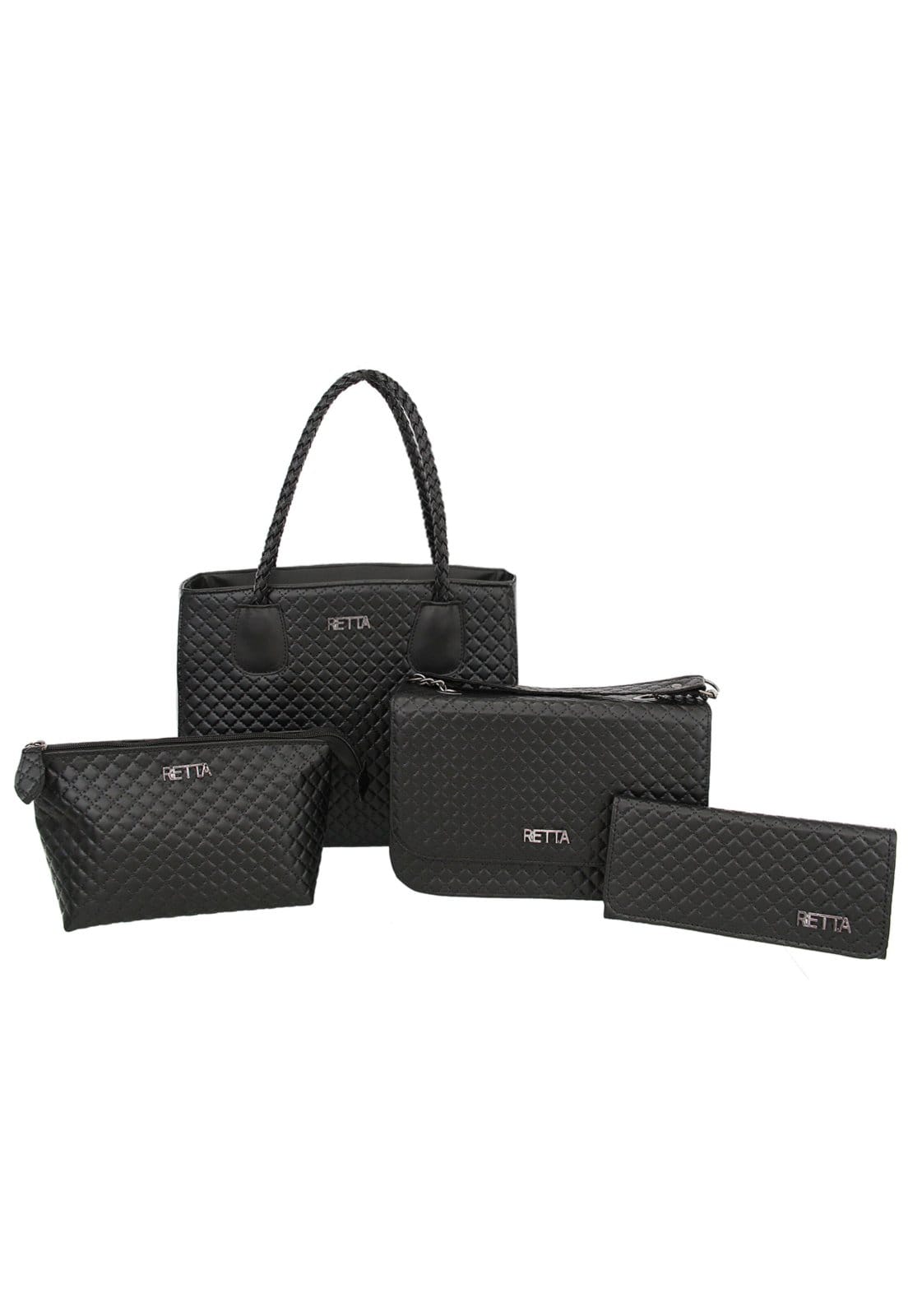 Kit 4 Peças Retta Bolsa Baú grande, Bolsa Baú pequena, Necessaire e Carteira Preta