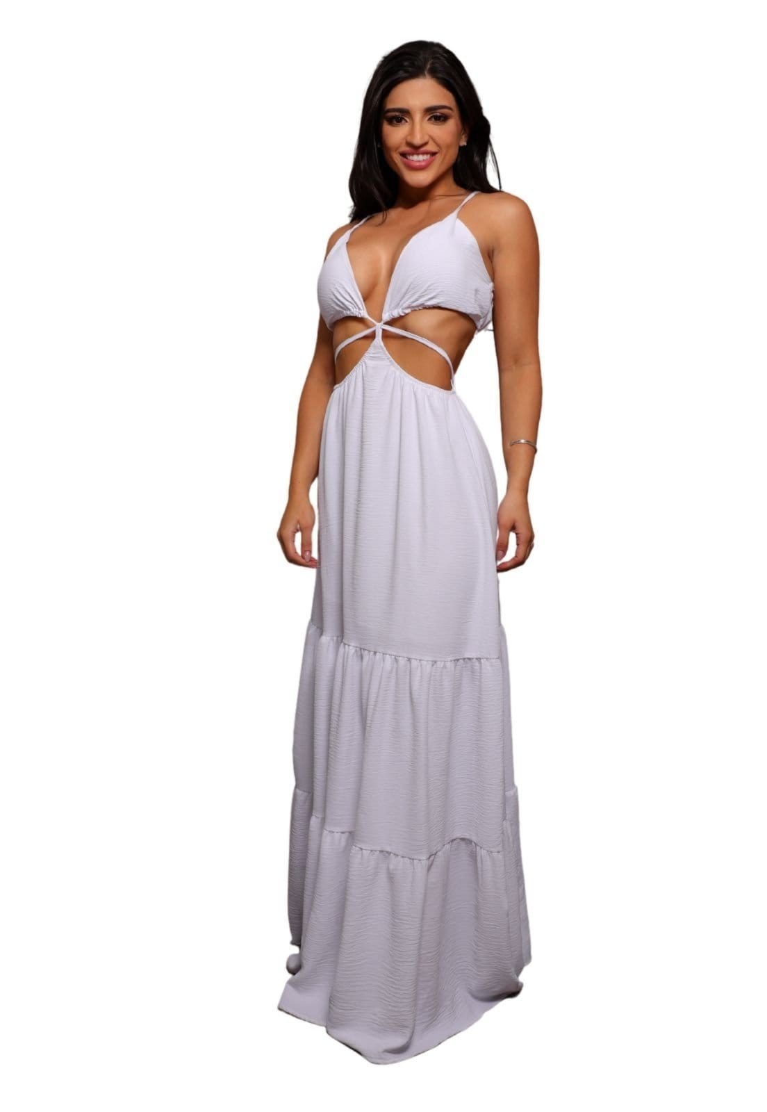 Vista principal Vestido Longo Amarração Decote em V abertura Lateral Festa Réveillon Bela Cia do Vestido branco