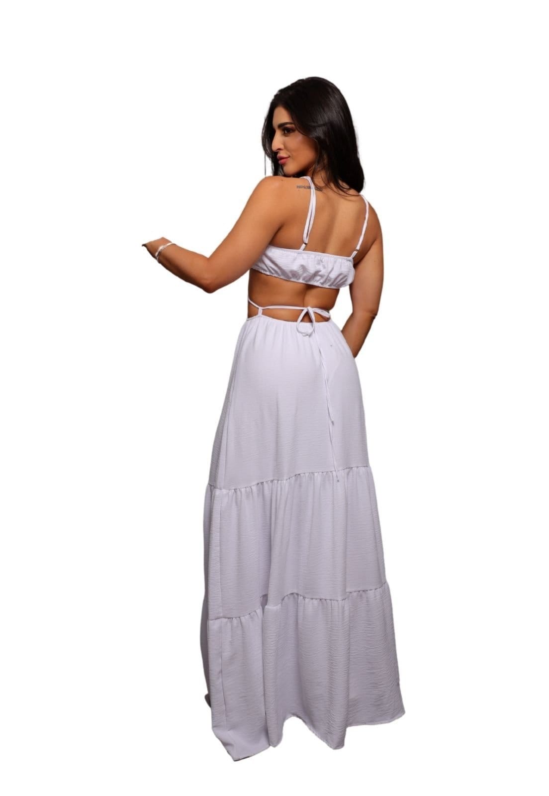 Vista 2 Vestido Longo Amarração Decote em V abertura Lateral Festa Réveillon Bela Cia do Vestido branco