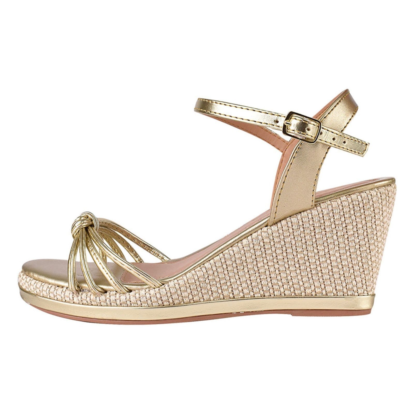 Vista 2 Sandalia Feminina Anabela Donatella Shoes Plataforma Confort Juta Nó Ouro Light Monte Shoes dourado