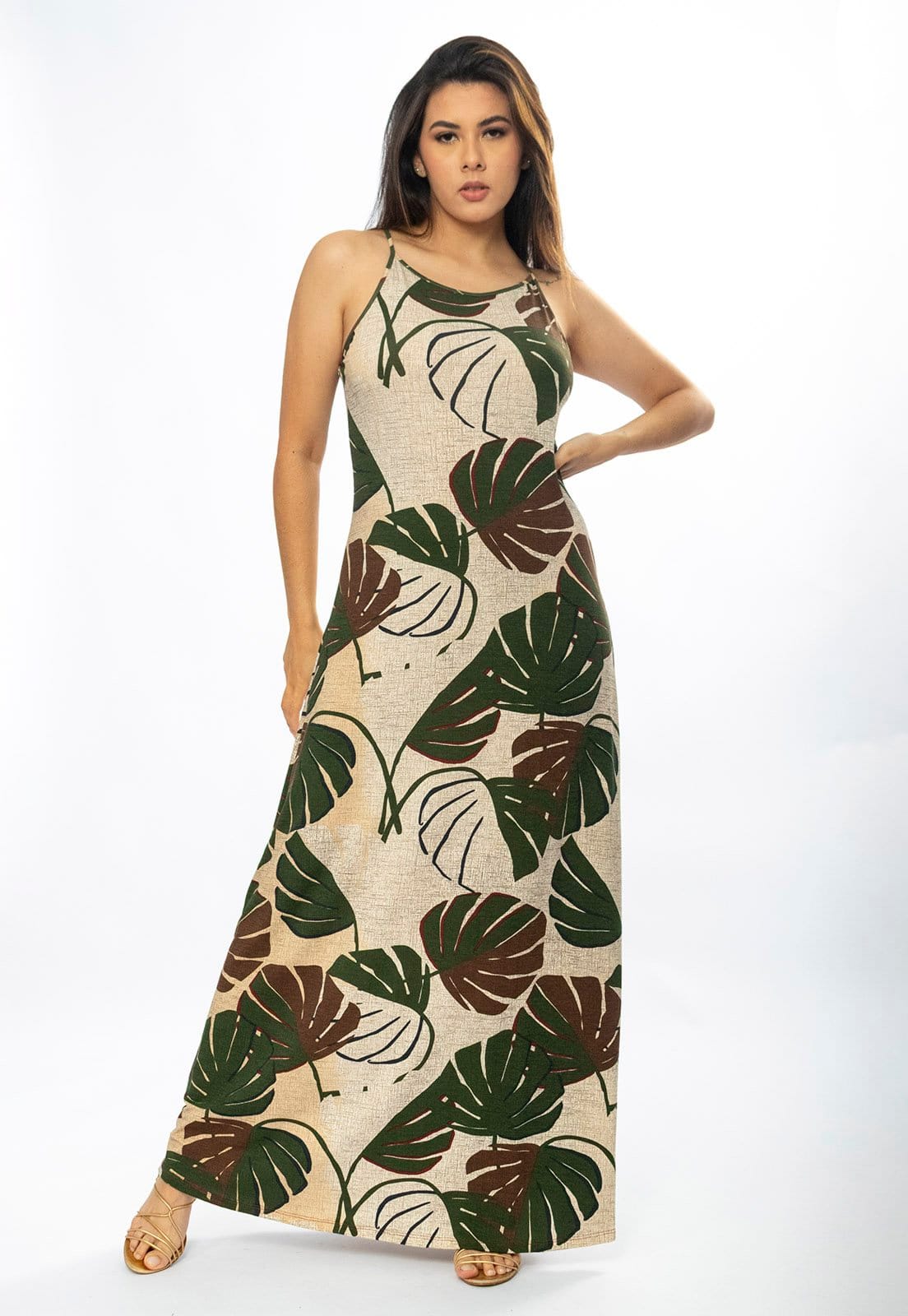 Vista 2 Vestido Longo Amazônia Vital Malha Trapézio Estampa Folhagem Verde e Marrom Amazonia Vital bege/estampado/verde verde