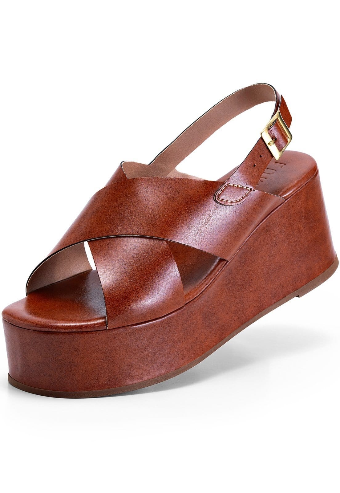 Vista principal Sandália Feminina Lumiss Anabela Casual Tiras Largas Confortável Blogueira LUMISS caramelo