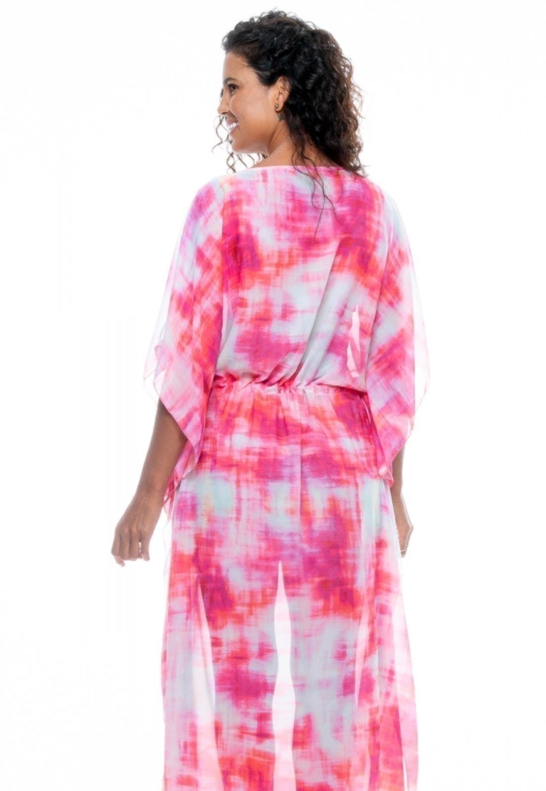 Vista 2 Saída Vestido Kaftan Longo Bata Crepe Semitransparente Estampado Mancha 101 Resort Wear rosa