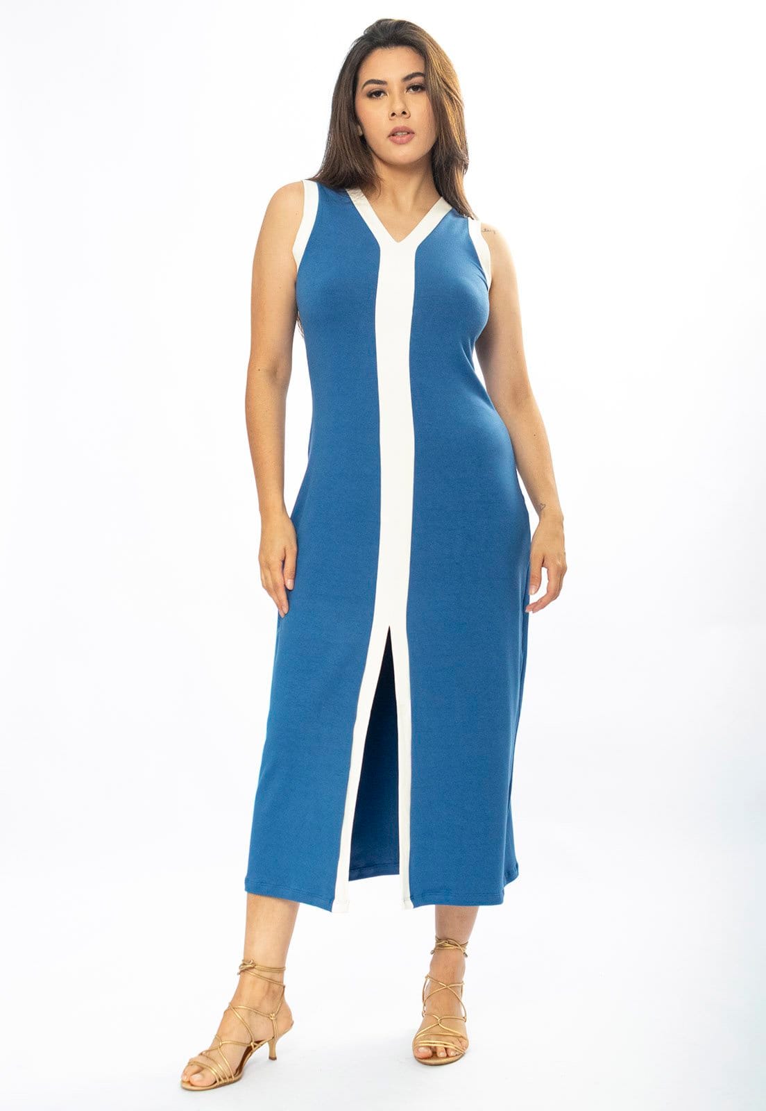 Vestido Midi Amazônia Vital Fenda Frontal Color Block Azul Bic