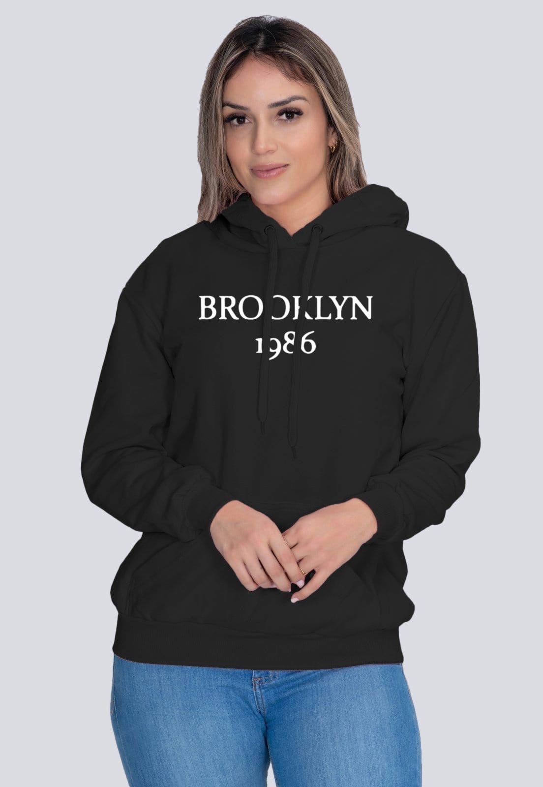 Vista principal Moletom Masculino Algodão Blusa de Frio Básico Brooklyn Lucas Lunny preto