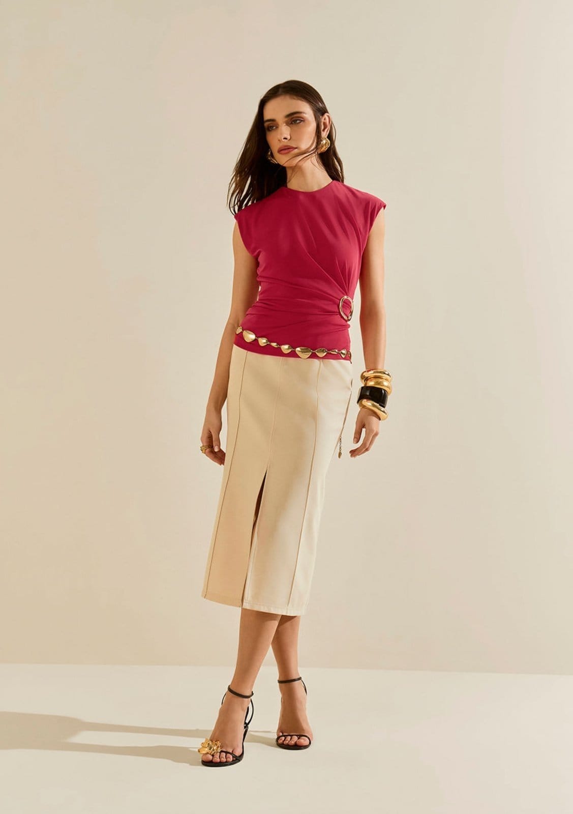 Saia Morena Rosa Lápis Alta Midi Bege