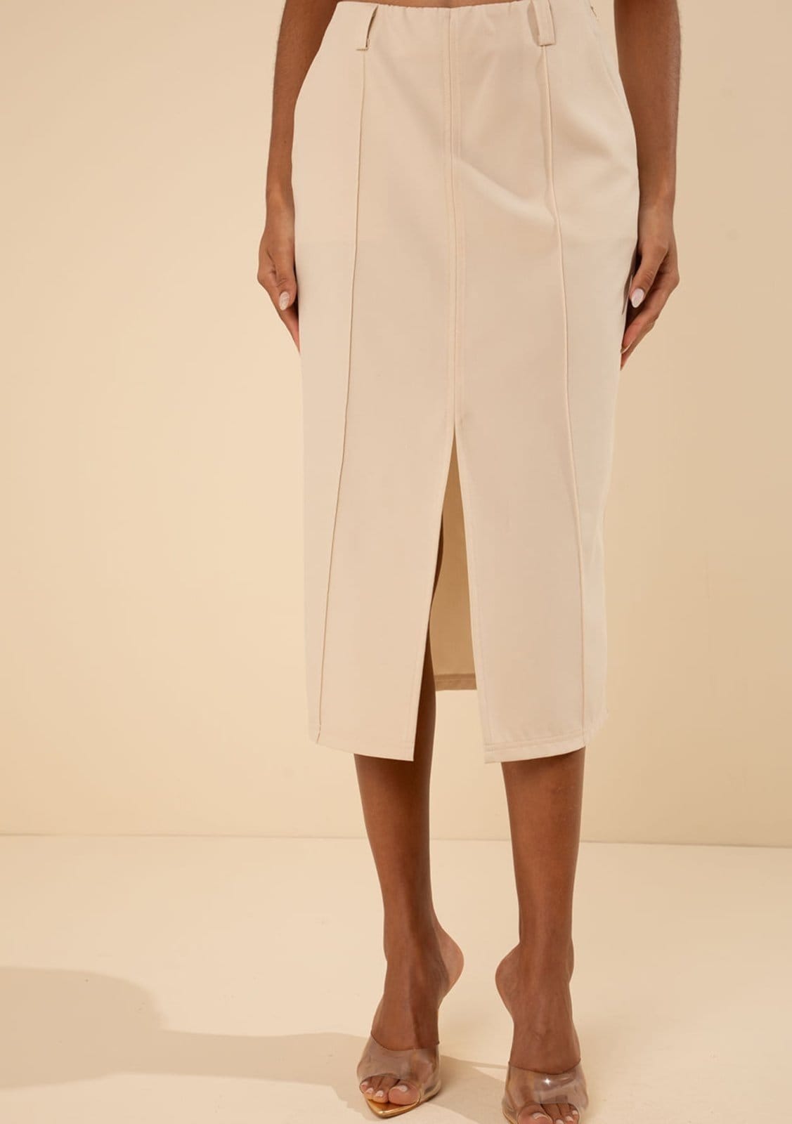 Vista 2 Saia Morena Rosa Lápis Alta Midi Bege Morena Rosa bege rosa