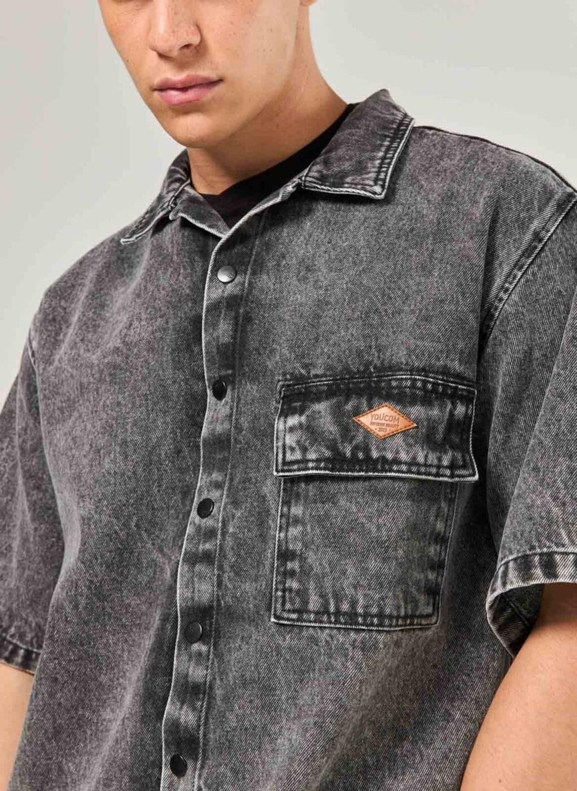 Vista 2 Camisa Manga Curta Box Em Jeans Youcom cinza