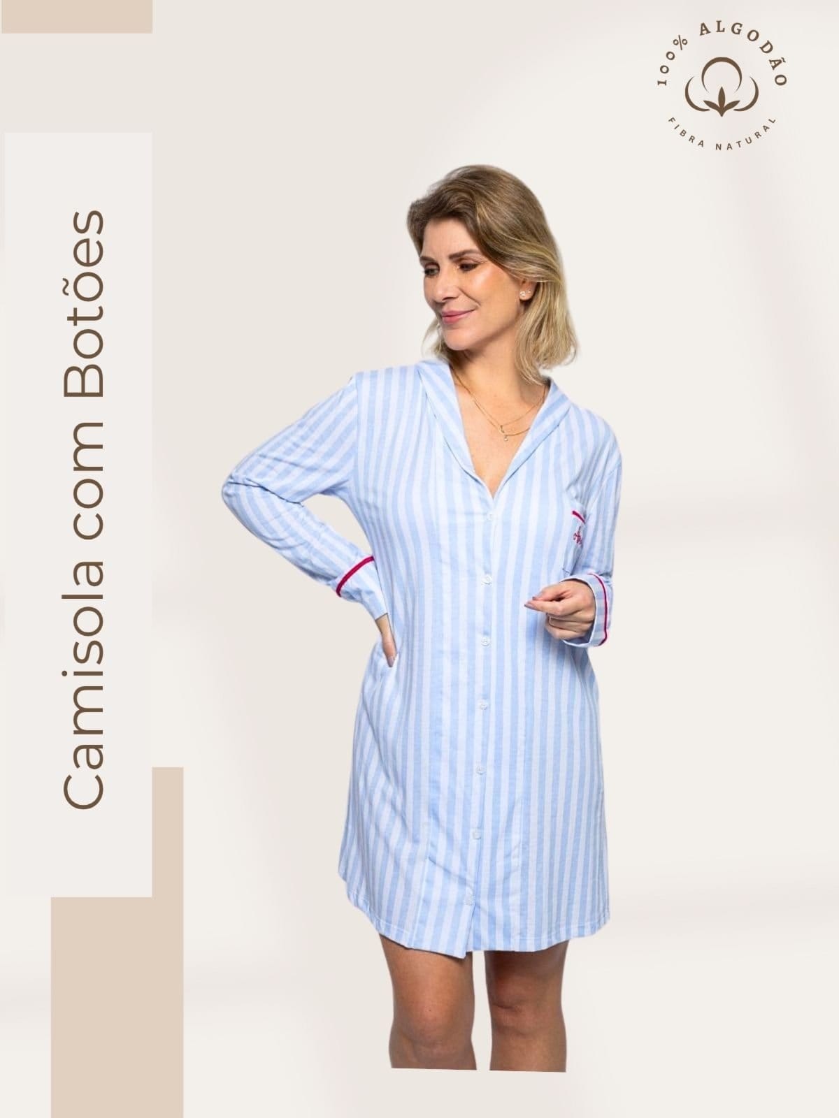 Vista principal Camisola Algodão Feminina Americana Manga Longa com Botões Inverno Adulto indicado Gestante Amamentação e ós cirúgico - Listrado Piante azul