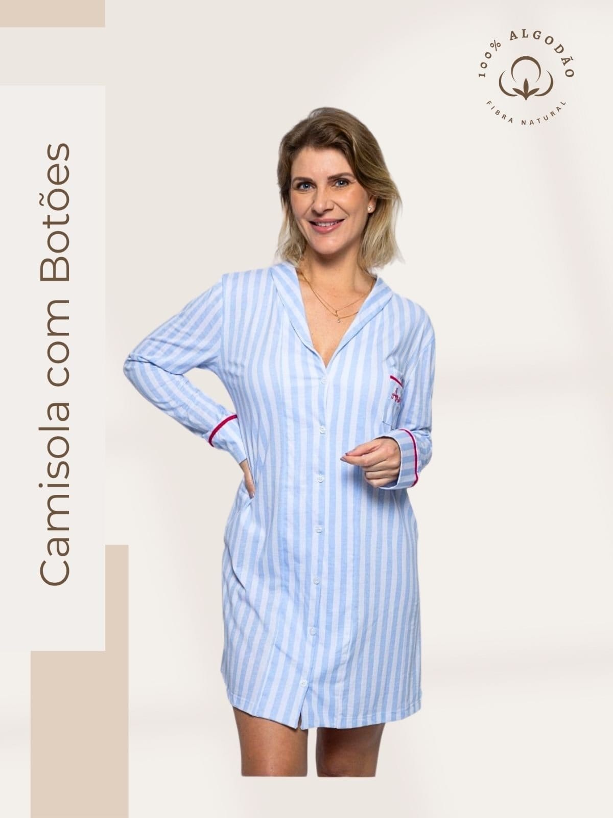 Vista 2 Camisola Algodão Feminina Americana Manga Longa com Botões Inverno Adulto indicado Gestante Amamentação e ós cirúgico - Listrado Piante azul