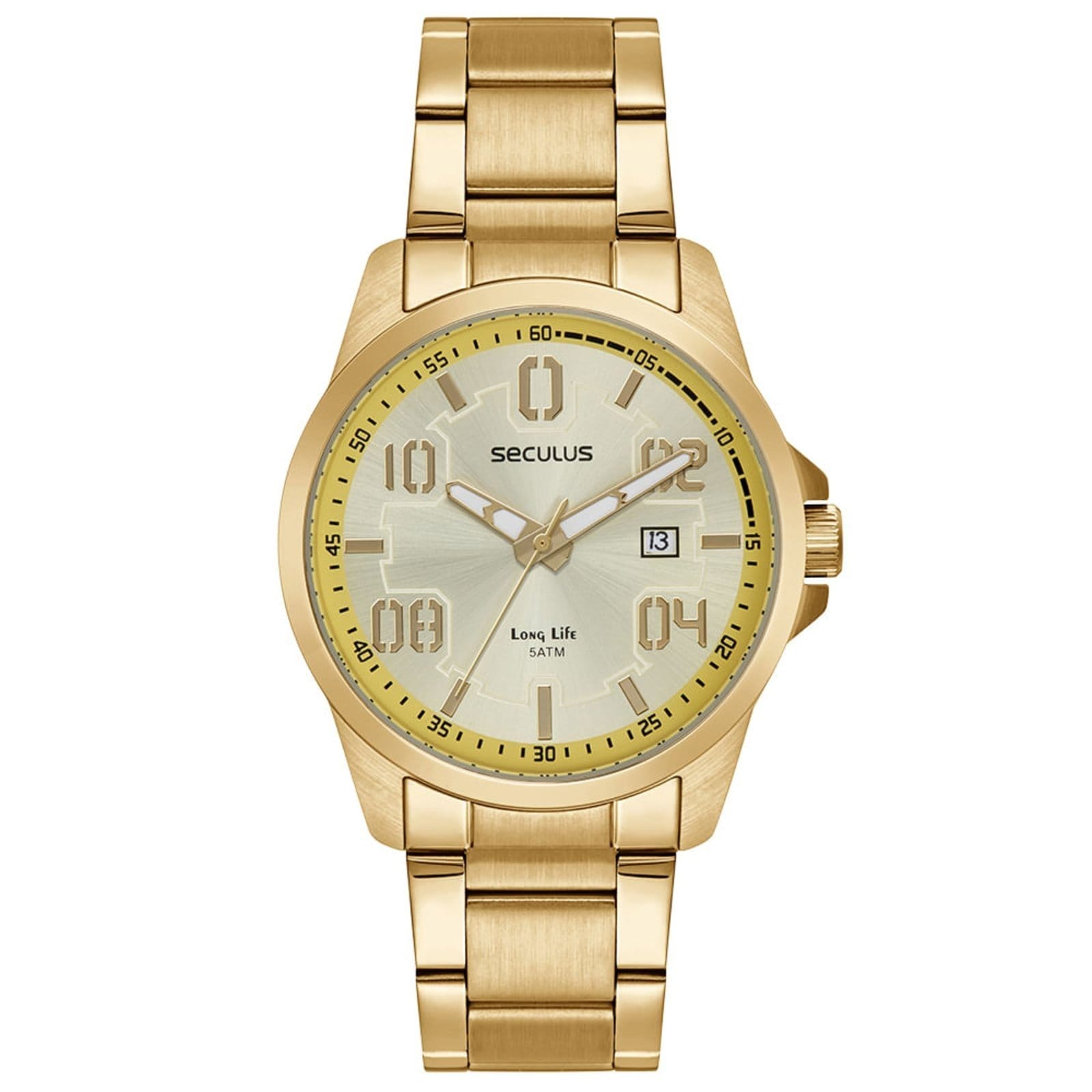 Vista principal Relógio Masculino com Calendário e Detalhes Seculus dourado