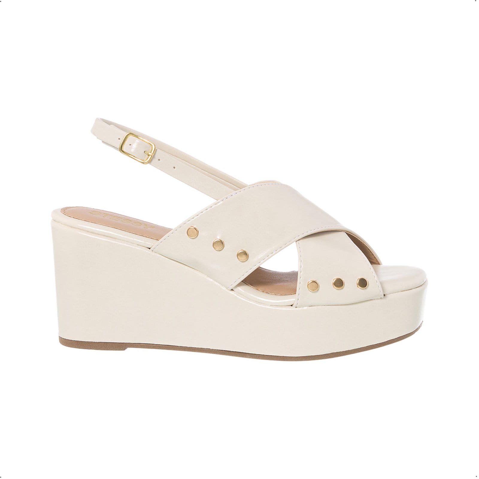 Sandália Feminina Anabela Plataforma Salto Alto Tachas Em X Confortável Off White