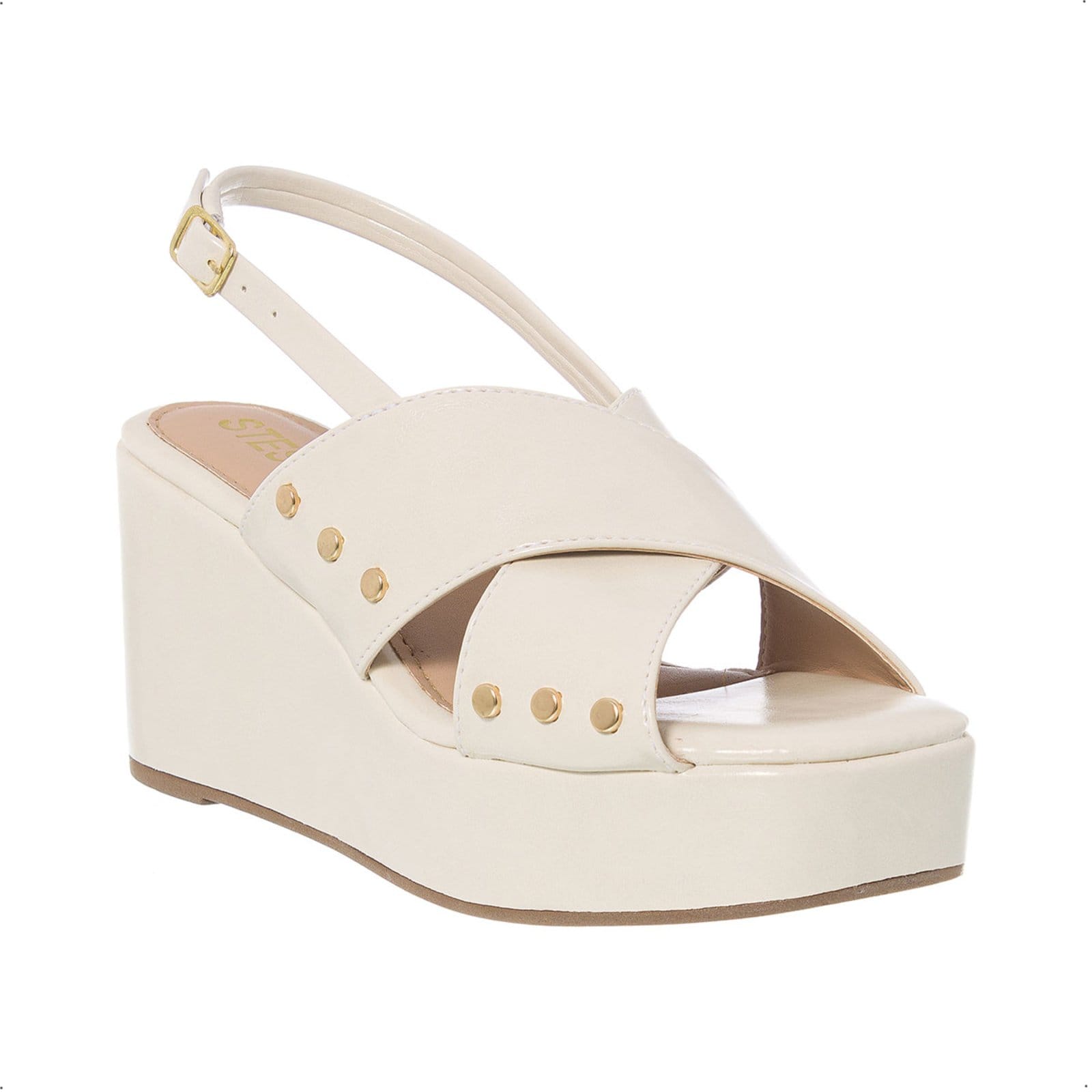 Vista 2 Sandália Feminina Anabela Plataforma Salto Alto Tachas Em X Confortável Off White Stessy Shoes preto white