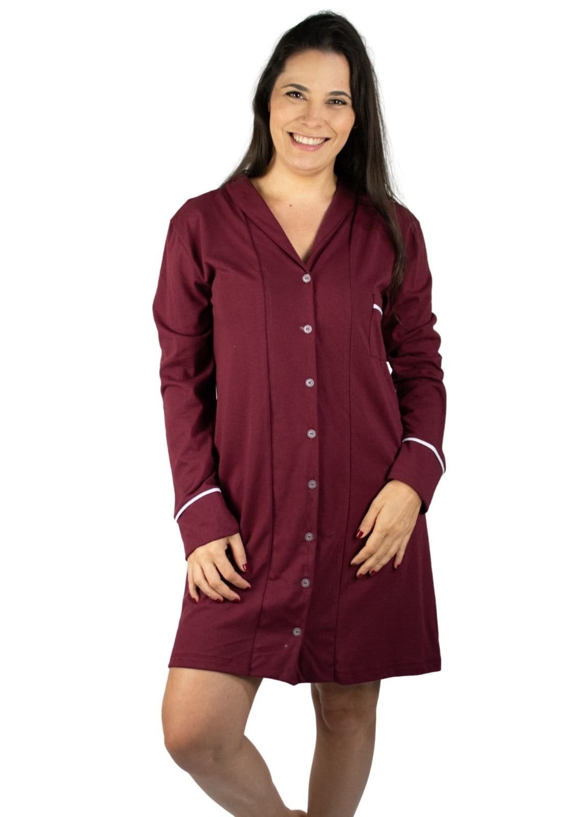 Camisola Algodão Feminina Americana Manga Longa com Botão Botões Inverno Adulto indicado Gestante Amamentação e Pós cirúgico