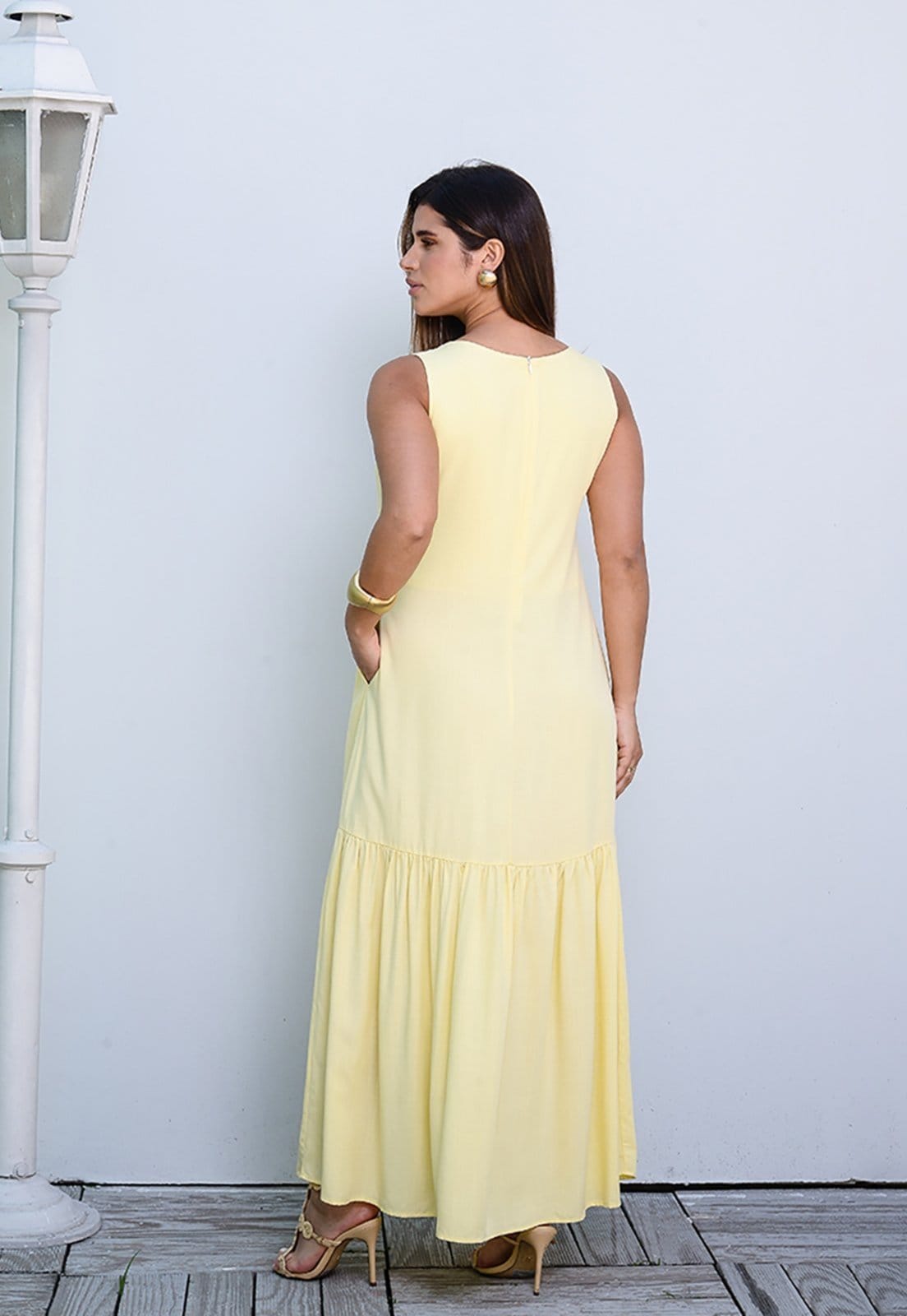 Vista 2 Vestido Longo com Barra Franzida BBonnie Isabelly BBonnie amarelo