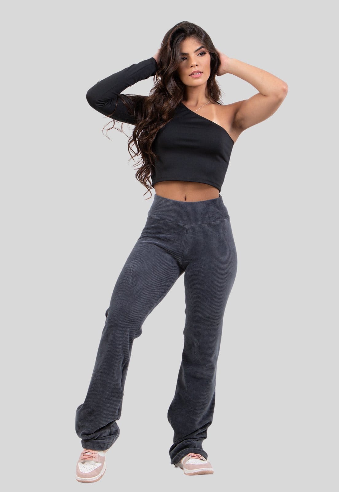 Calça Flare Diluxo Veludo Cotelê Cintura Alta Chumbo