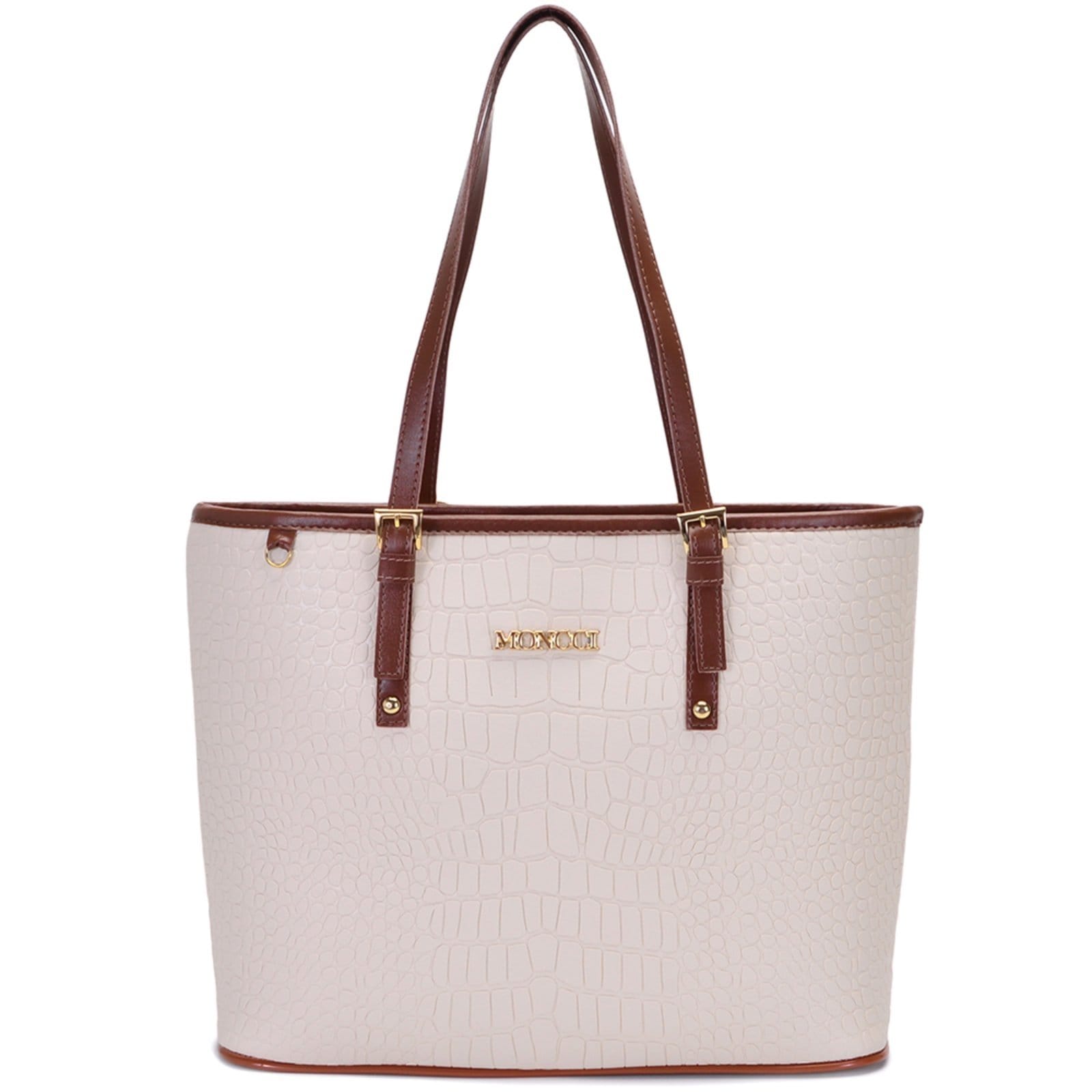 Bolsa Feminina Moncci Grande Ombro Forrada Fivela Roma Croco Marfim