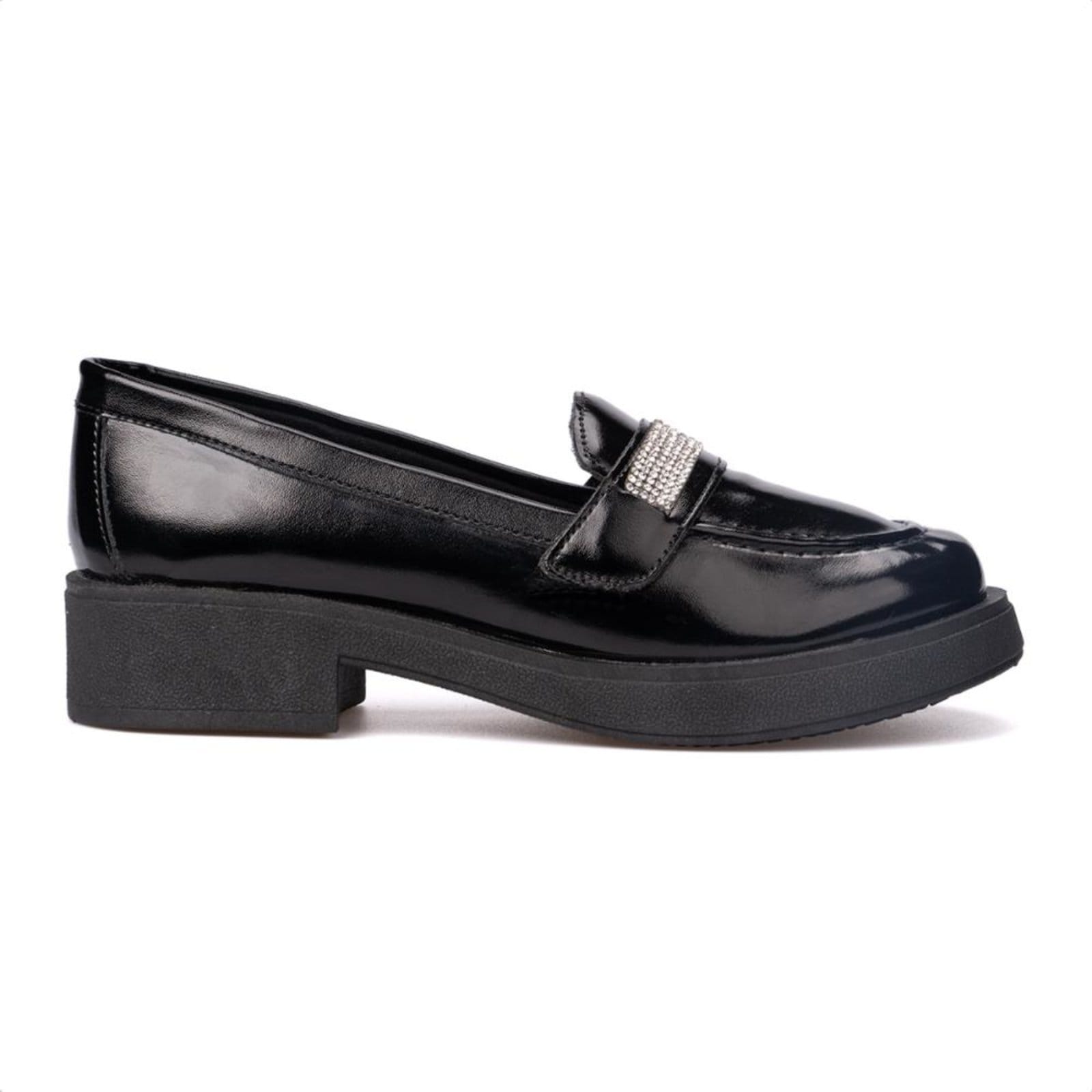 Vista 2 Mocassim Feminino Brilhante Salto Grosso Tira De Strass Luxo Domidona preto