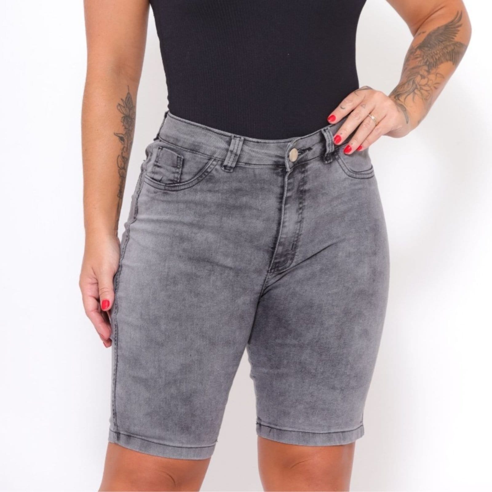 Vista 2 Bermuda Comprida Feminina Jeans Loka Jeans Loka cinza/grafite/preto