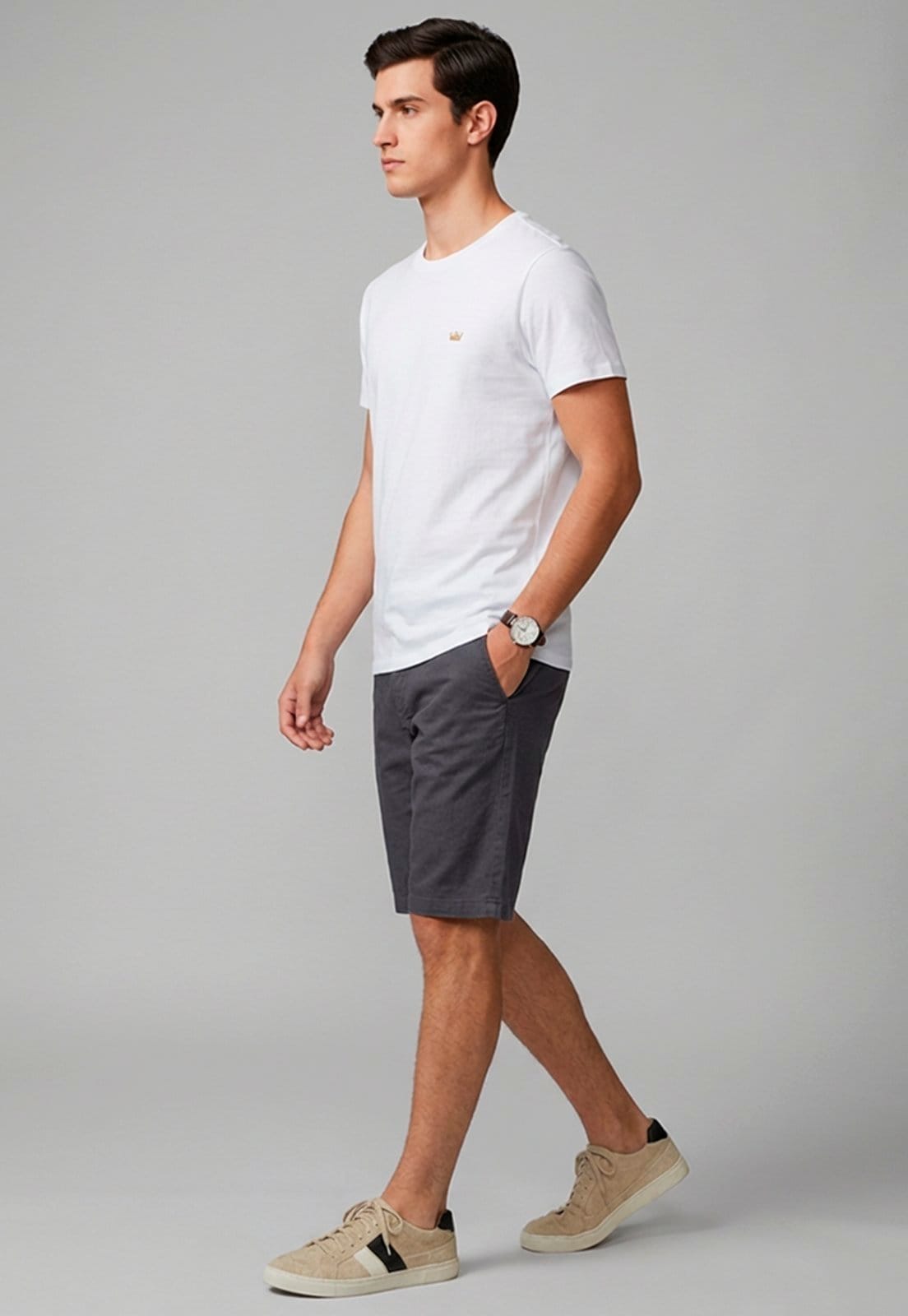 Vista 2 Bermuda Masculina Sarja Cós Elástico Casual Confortável Estilo Urbano Escuro Macaw cinza