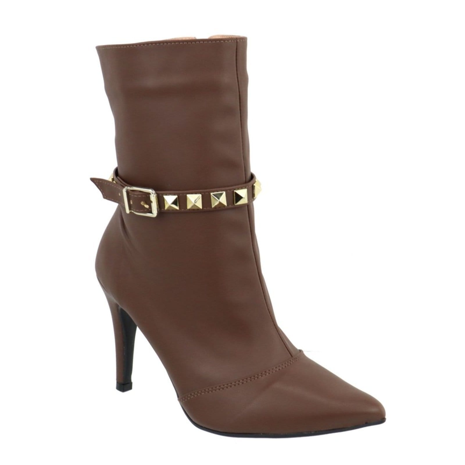 Vista 2 Bota Feminina Bico Fino Cano Médio 1793 Salto Fino Napa Cacau Detalhe Dourado Flor da Pele marrom