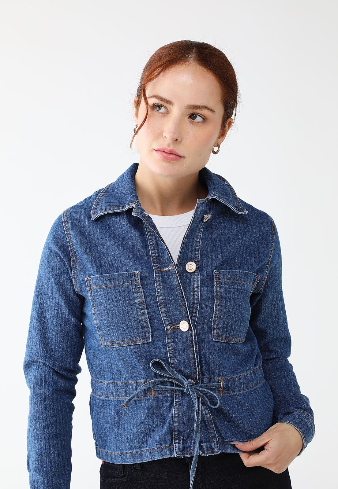 Vista principal Jaqueta Jeans Sawary Reta Com ajuste frontal Sawary azul