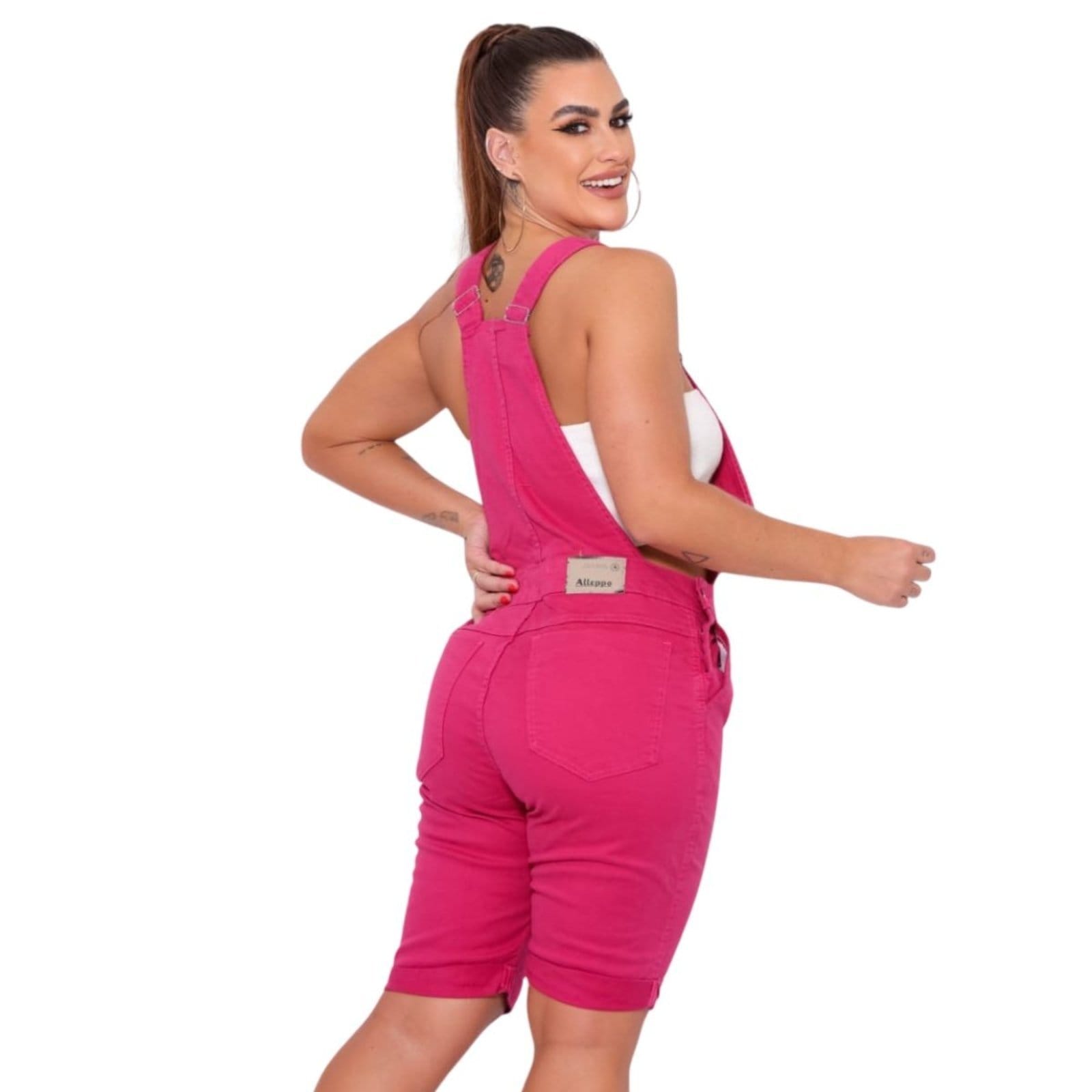 Vista 2 Macacão Jardineira Macaquinho Sarja Feminino Pink Alleppo Jeans rosa