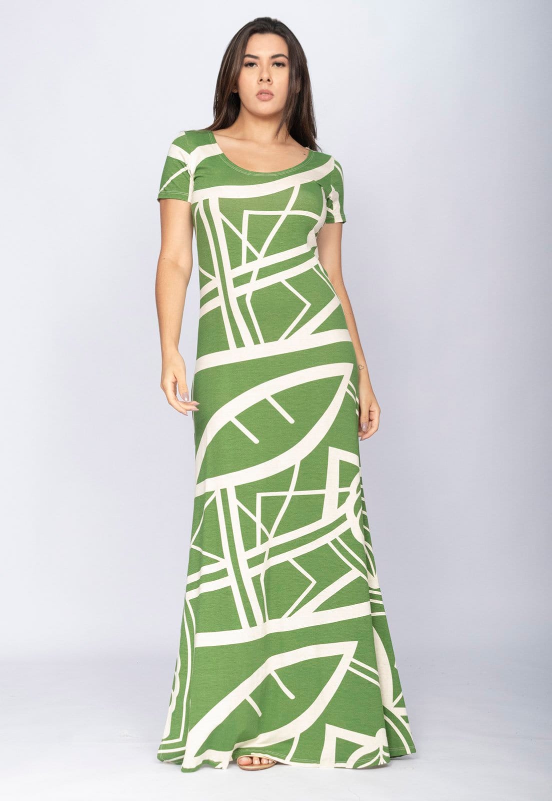 Vista 2 Vestido CabanaFree Longo Malha Gola Canoa Manga Curta Estampa Lagoa Botânica Verde Cabanafree estampado/verde verde