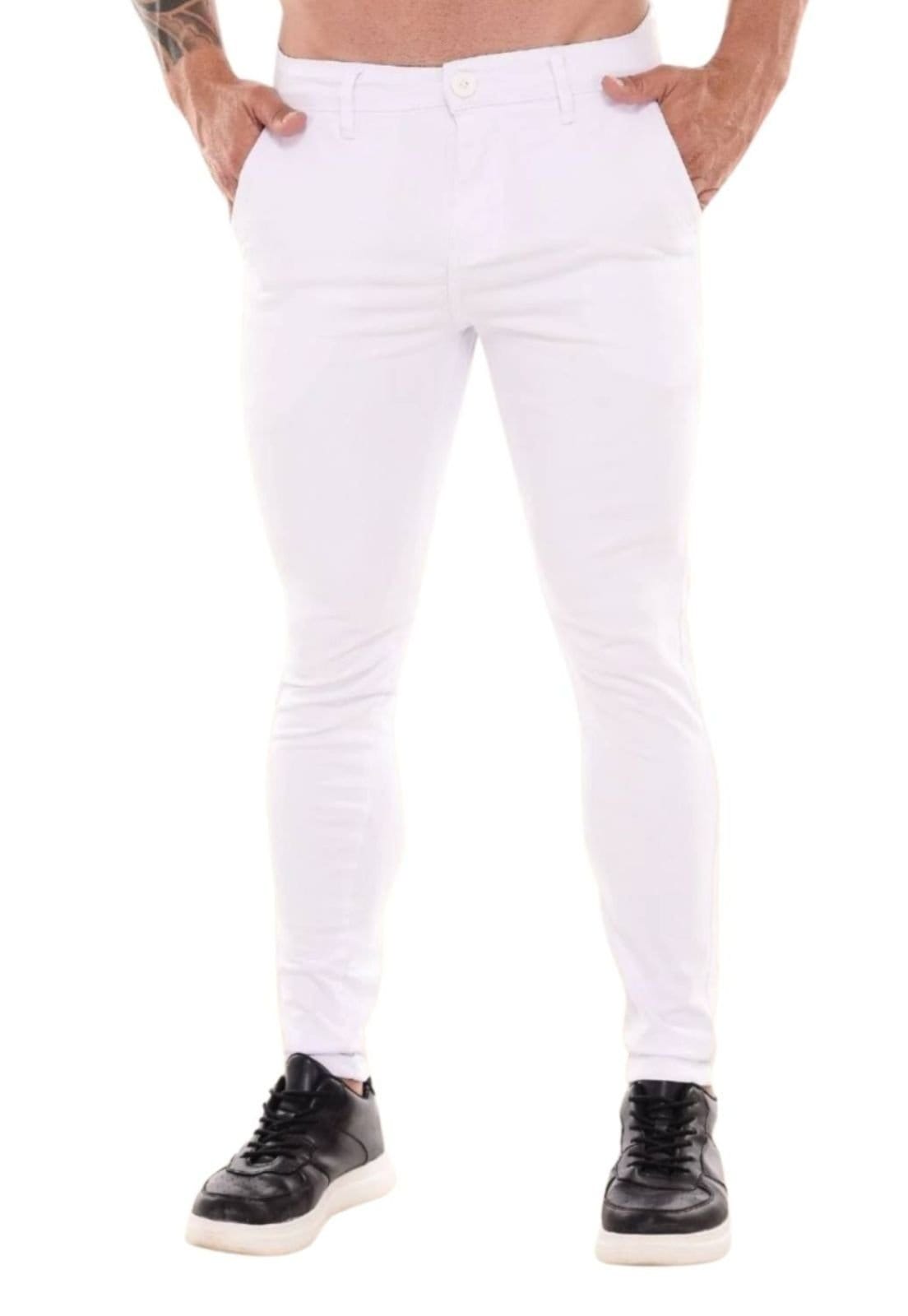 Vista 2 Kit 3 Calças Sarja Masculina Mys Jeans Confortável Estilosa Branco Preto Bege Ethereal Jeans multicolorido