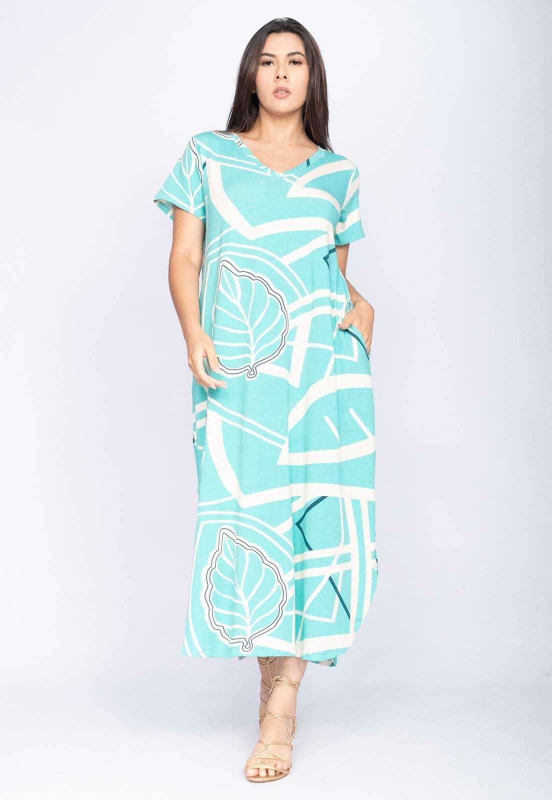 Vista 2 Vestido CabanaFree Midi Abapã Malha com Bolso Estampa Aqua Flora Cabanafree estampado/verde aqua