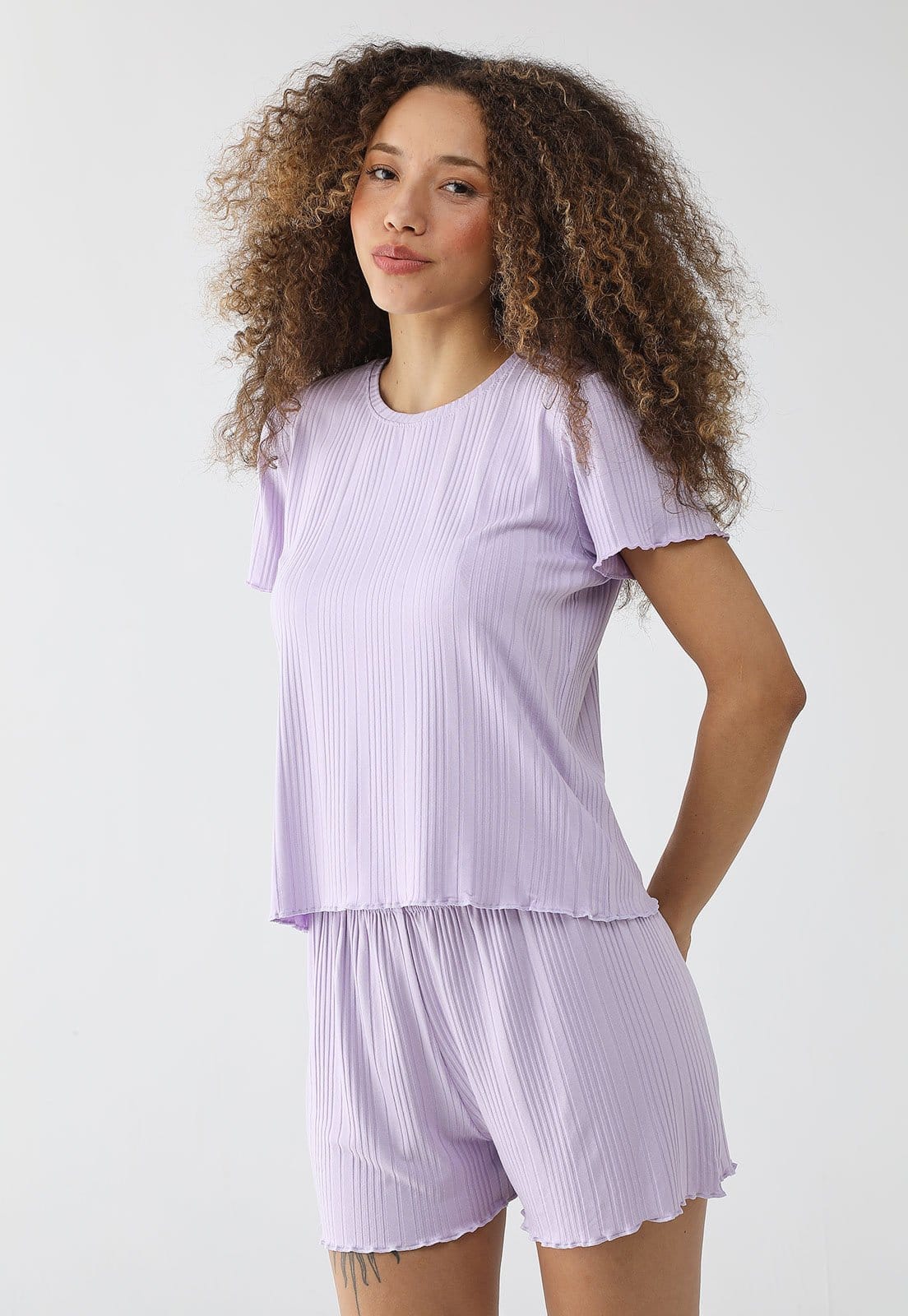 Vista principal Pijama Curto Feminino Malwee Canelado Lavanda Malwee lilás lavanda