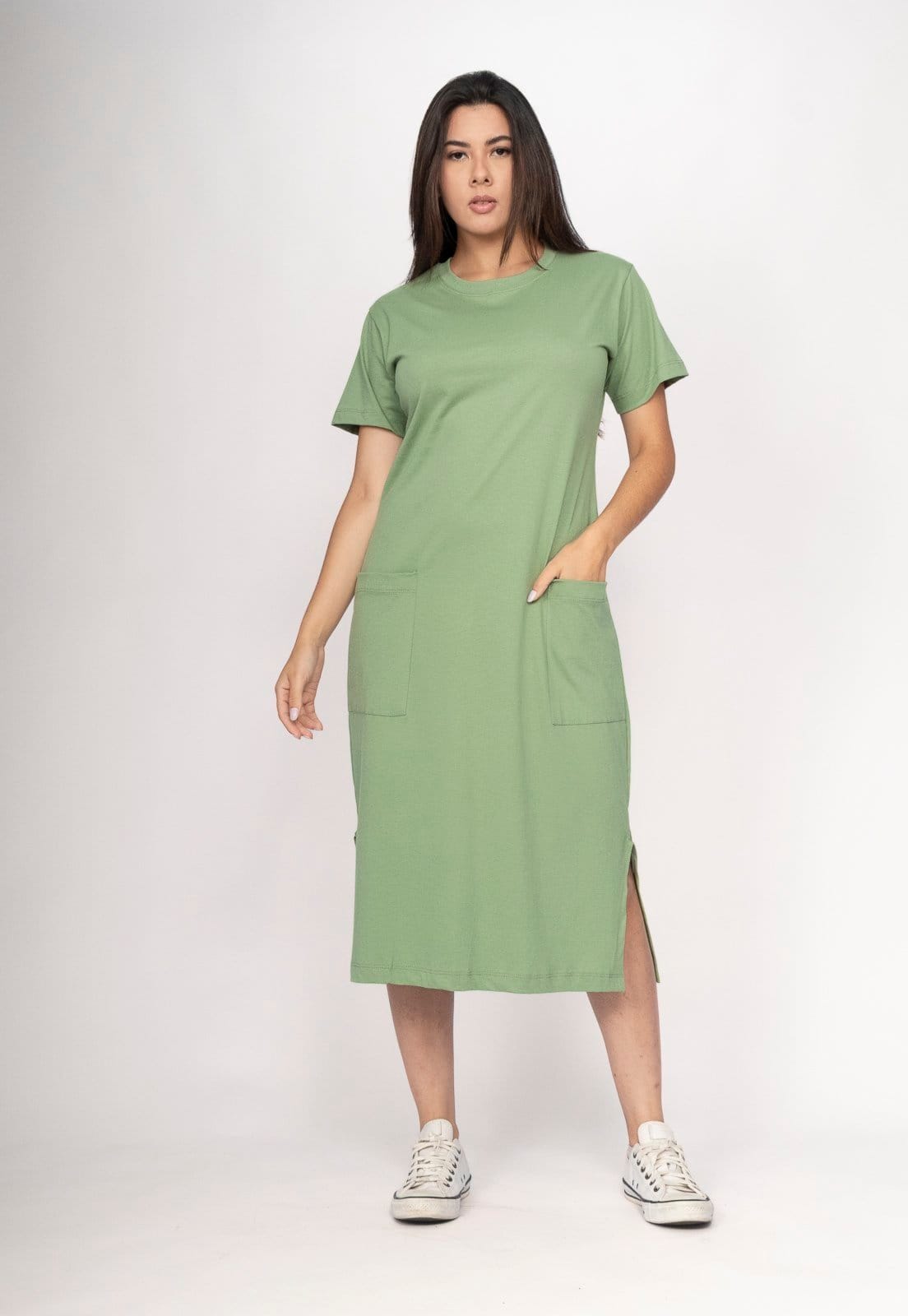 Vista 2 Vestido CabanaFree Midi Algodão Manga Curta 02 Bolsos Folha Viva Cabanafree verde