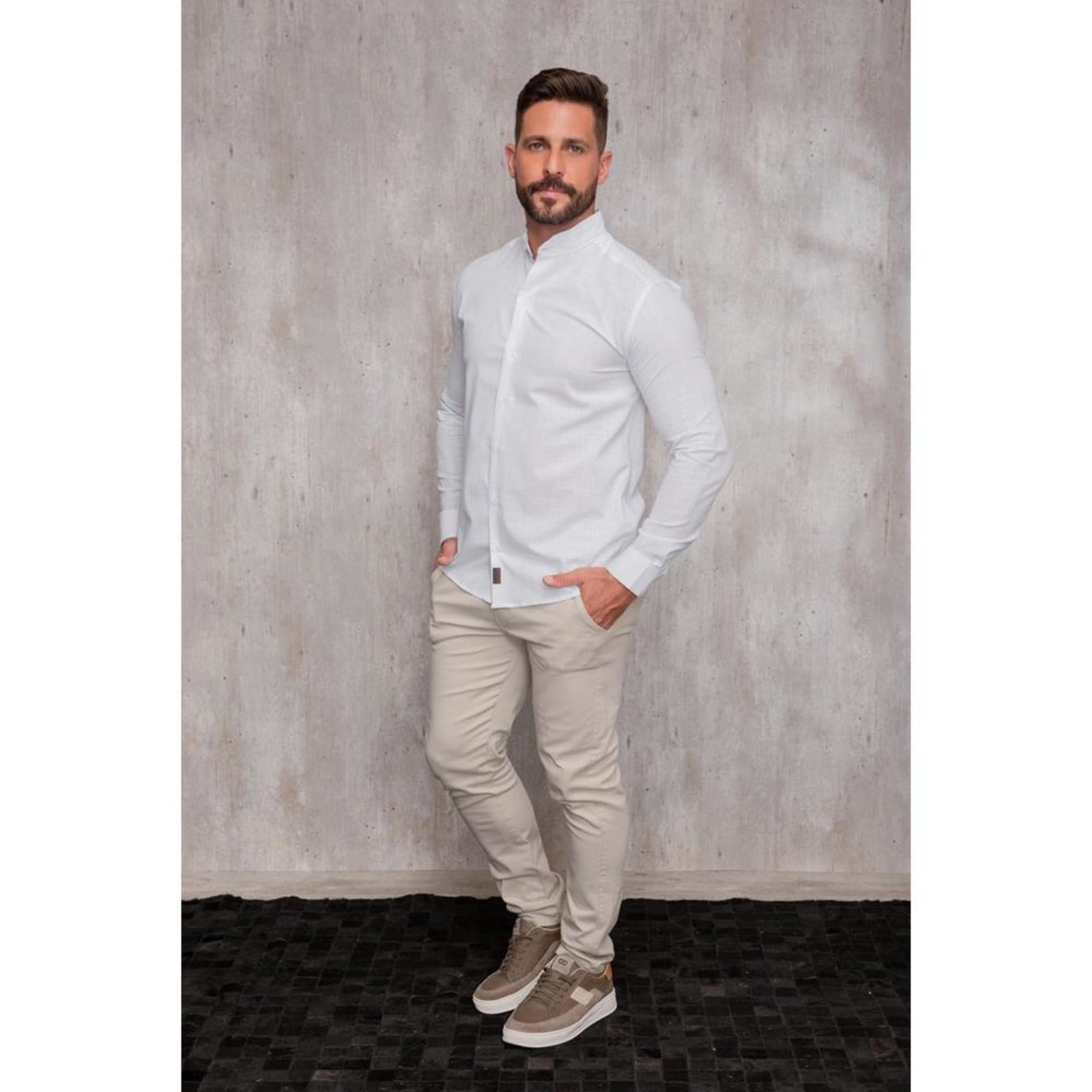 Vista 2 Camisa Masculina Linho Manga Longa Gola Padre Lisa Casual Azul Claro G Branco TEODORO CAMISARIA branco azul