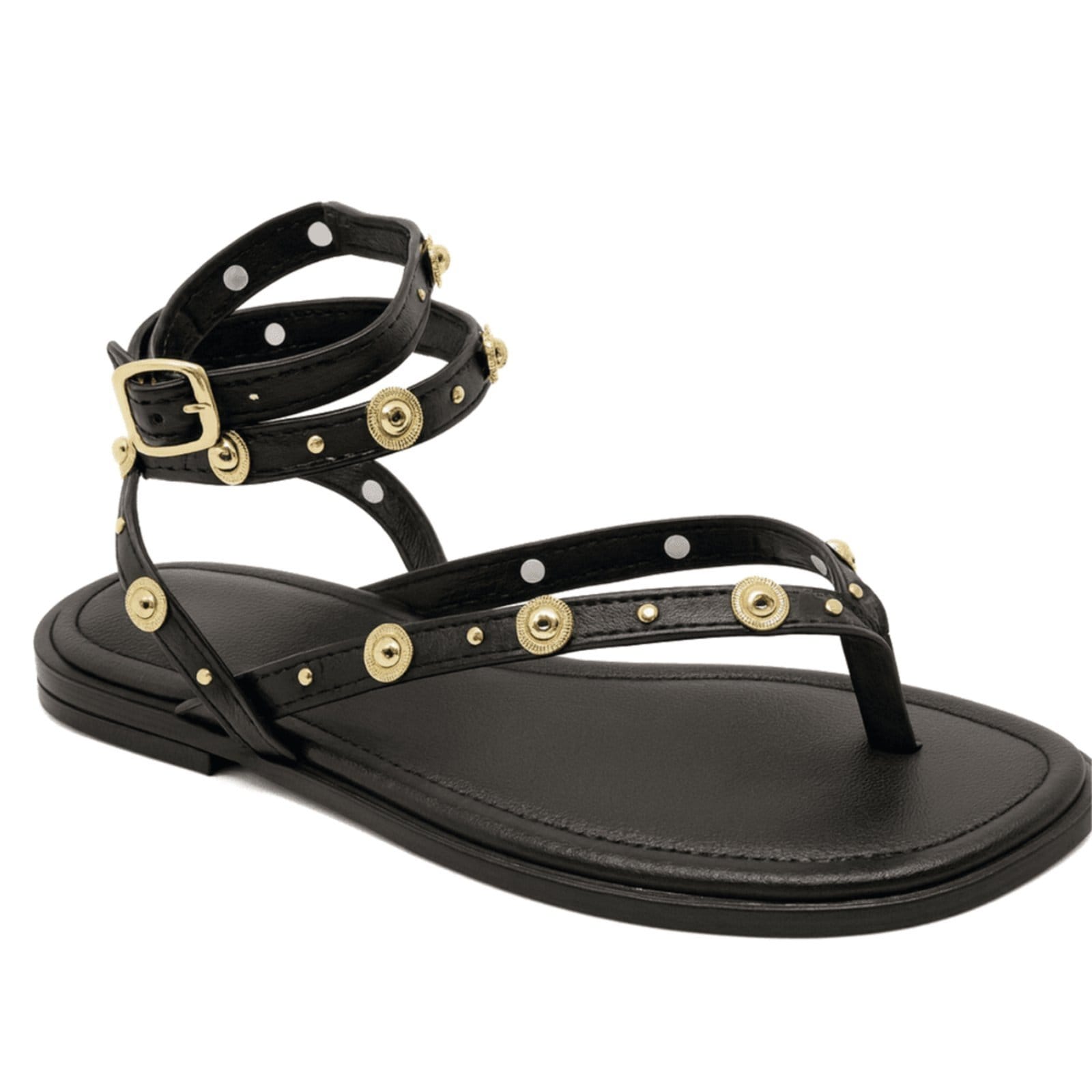 Vista principal Rasteira Feminina Tiras Aplique Tachas Douradas Confortável Verão Flor da Pele 304 Flor da Pele preto