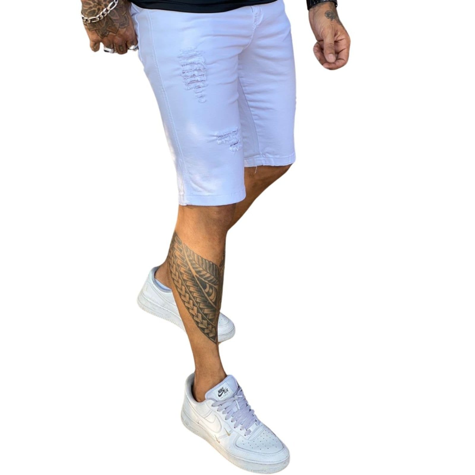 Vista 2 Bermuda Moda Masculina Com Rasgo Collor Branca Jeans Loka branco
