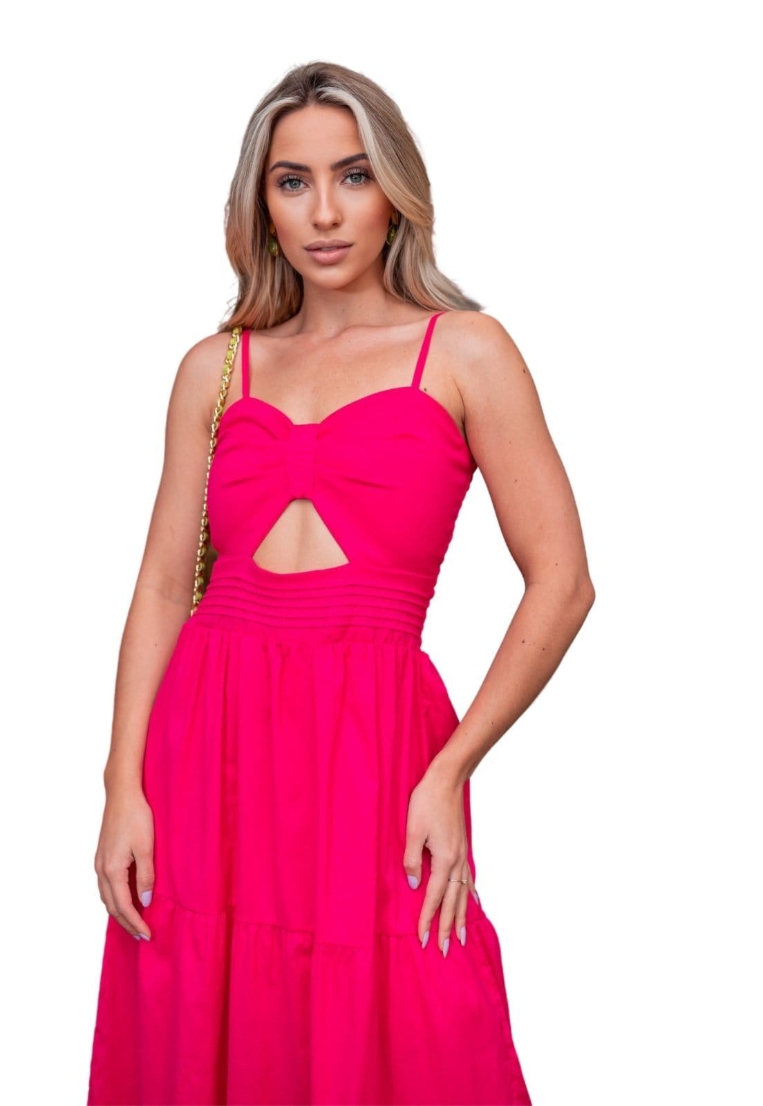 Vista 2 Vestido Midi Lançamento Primavera Verão Jaqueline Viscolinho Abertura Alcinha Rosa Cia do Vestido pink/rosa rosa