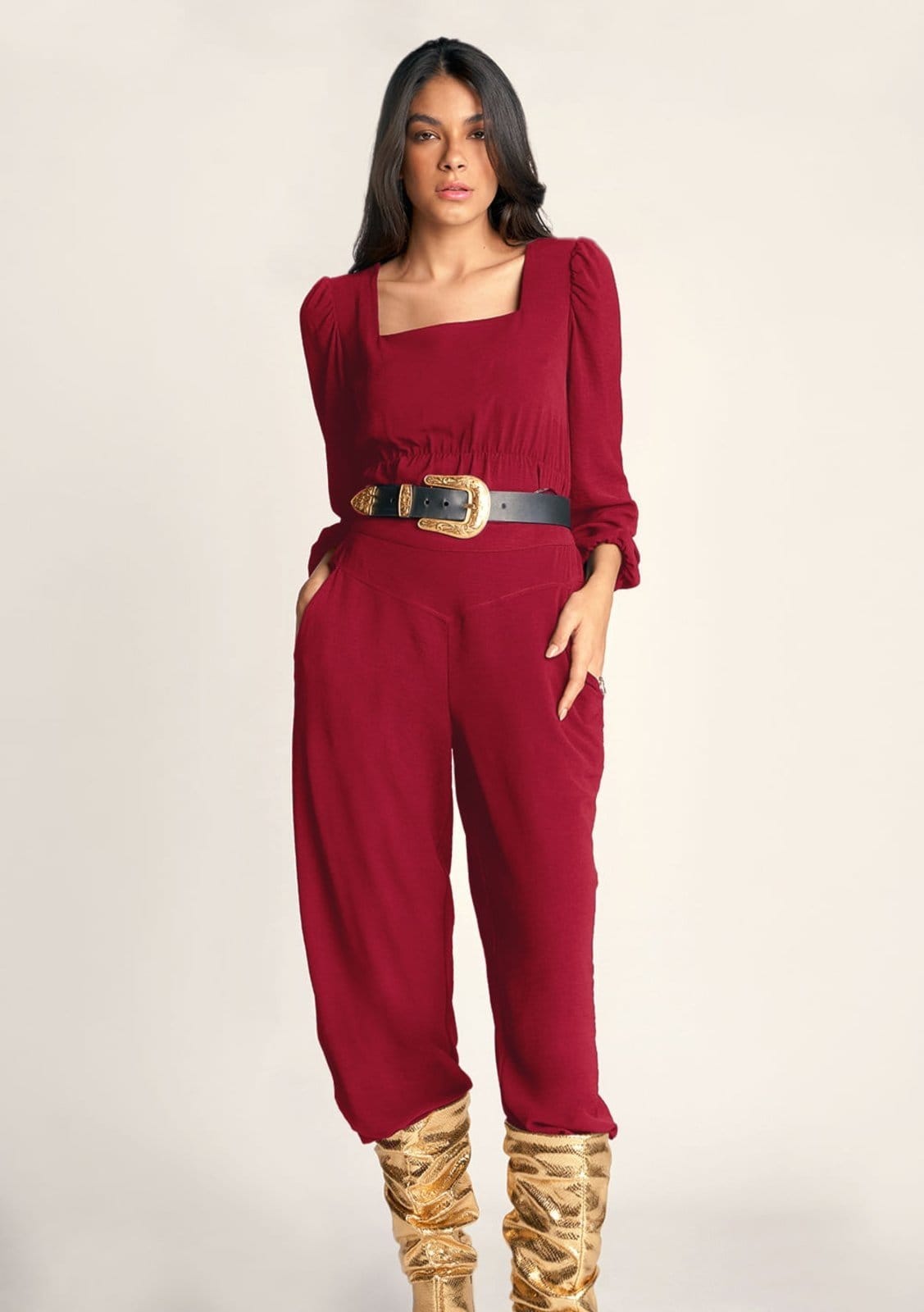 Vista principal Calca Zinco Pantalona Cós Alto Bolso-Faca Zinco bordô