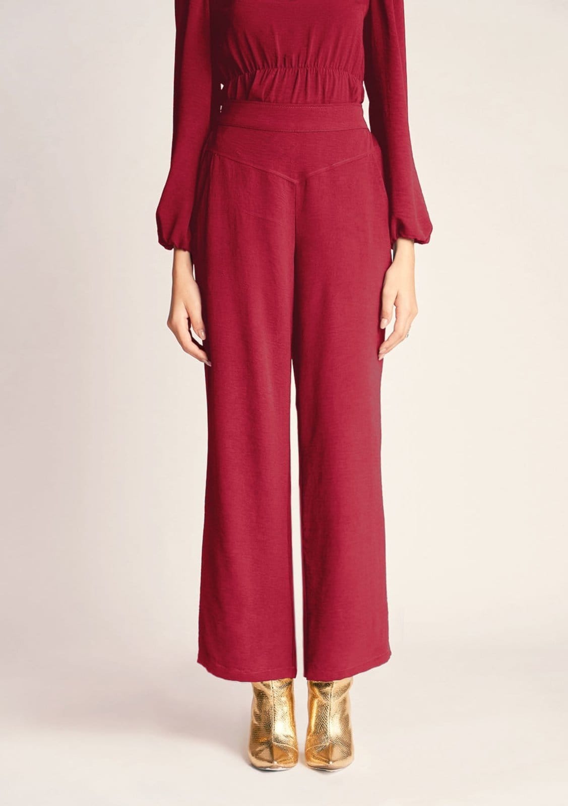 Vista 2 Calca Zinco Pantalona Cós Alto Bolso-Faca Zinco bordô