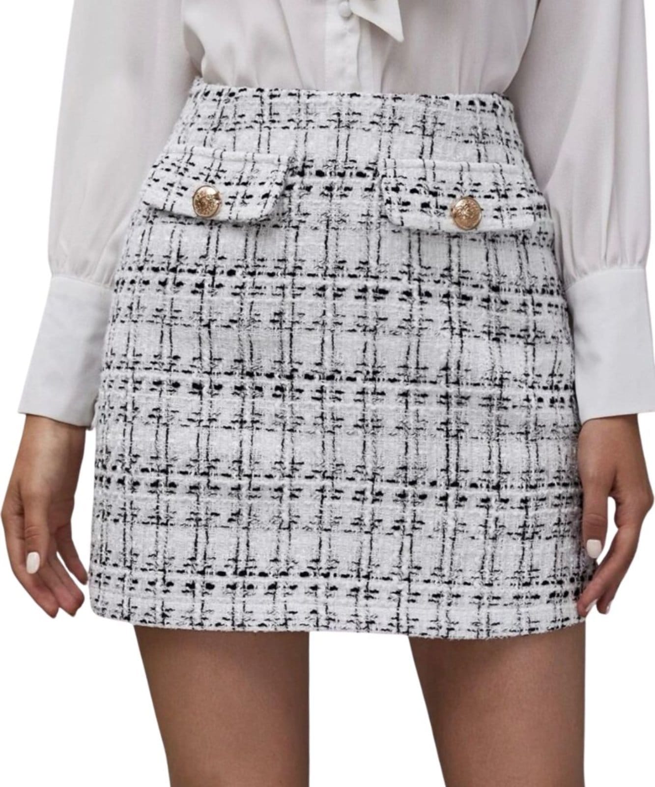 Vista principal Saia Curta Expresso Tweed Com Botão Dourado Expresso branco