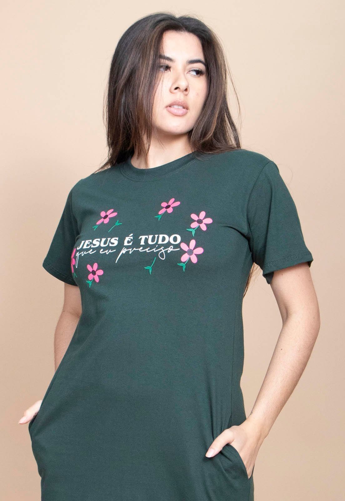 Vista principal Vestido Cabanafree Midi Algodão Manga Curta Moda Evangélica Verde Cabanafree estampado/rosa verde