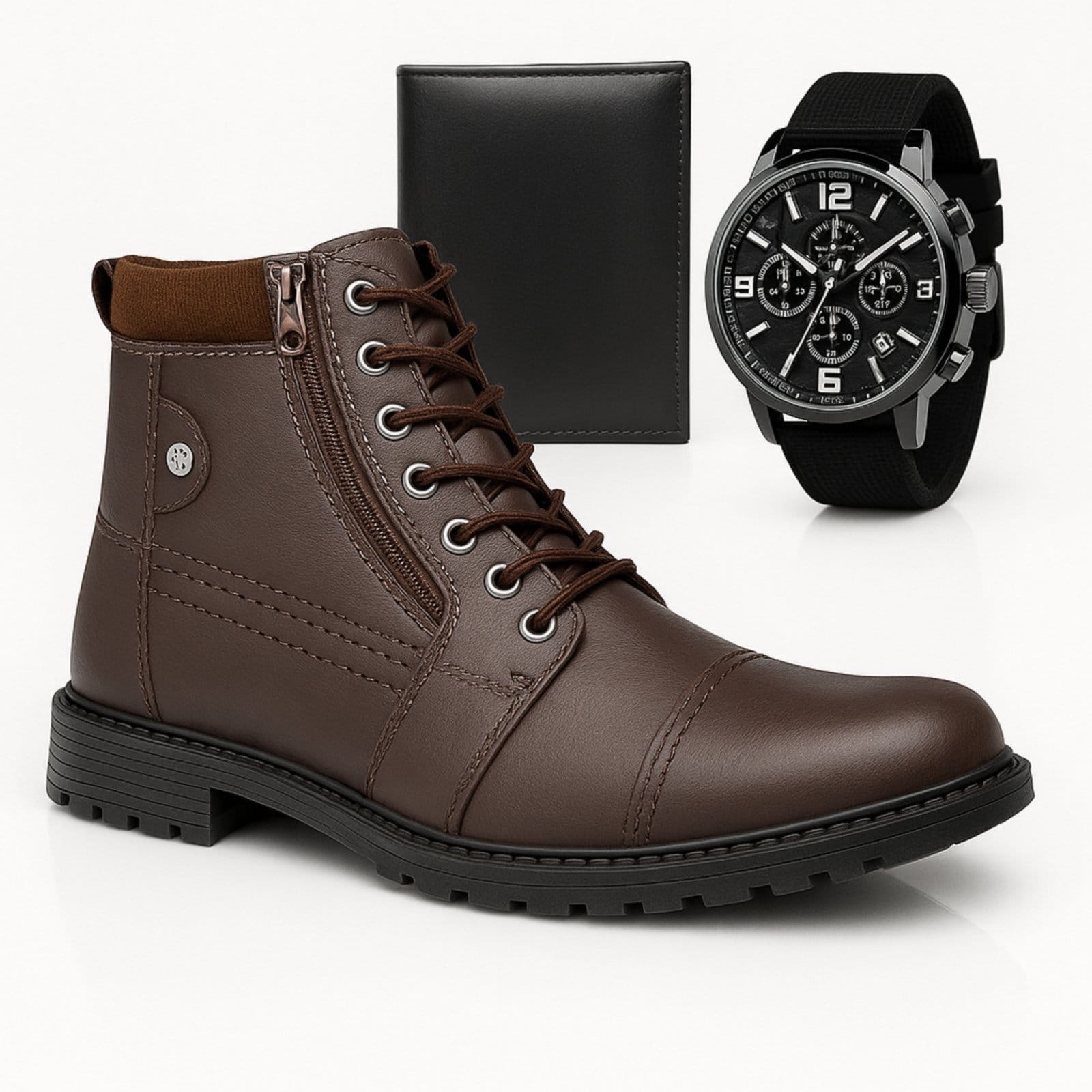 Vista principal Coturno Masculino Sapatofran Cano Curto com Zíper com Relógio e Carteira Kit Sapatofran preto