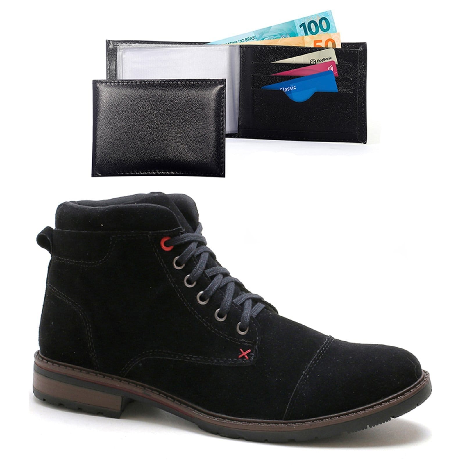 Bota Masculina Com Carteira Bredeni Confortavel Coturno Estilo Casual Preta