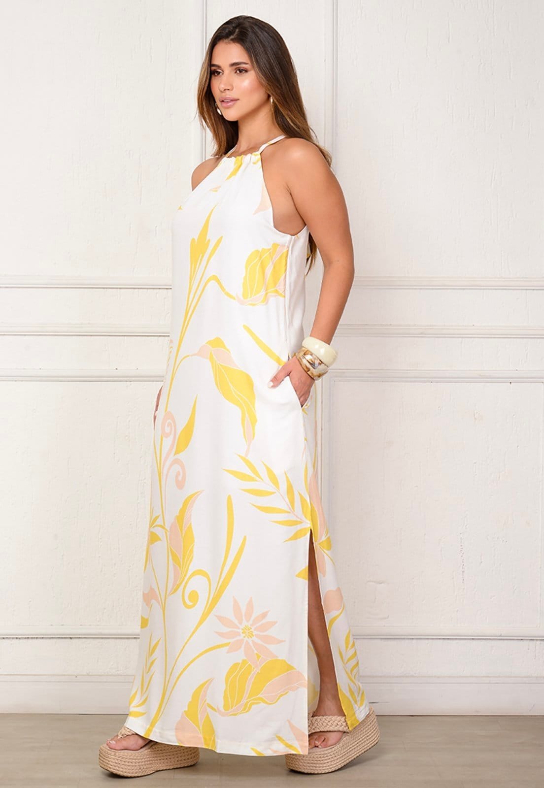 Vista 2 Vestido Sabrina - Longo com Amarração no Pescoço Estampa Amarela BBonnie amarelo