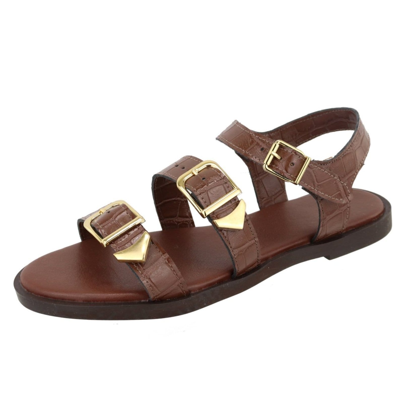 Vista principal Rasteira Sandália Feminina Fivelas Lançamento Marrom TELLINI STORE caramelo