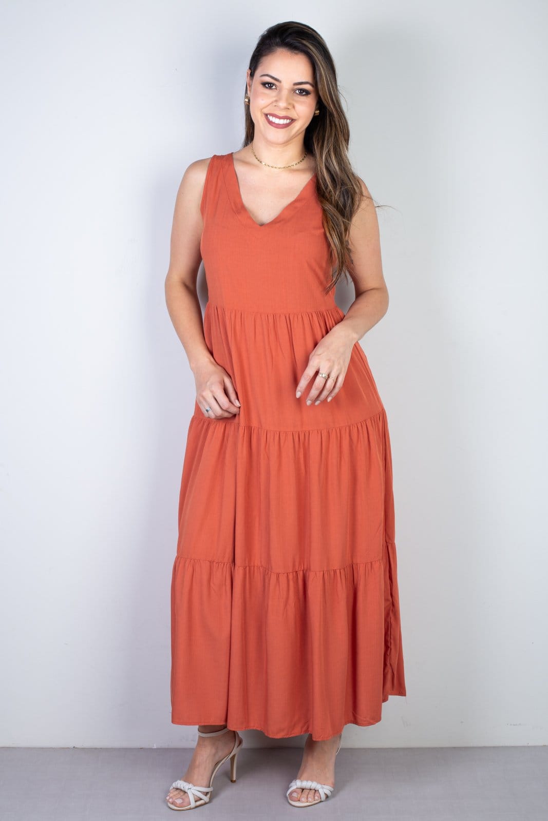 Vista principal Vestido Enluaze Midi Regata Babados 51290 - Terracota Enluaze coral