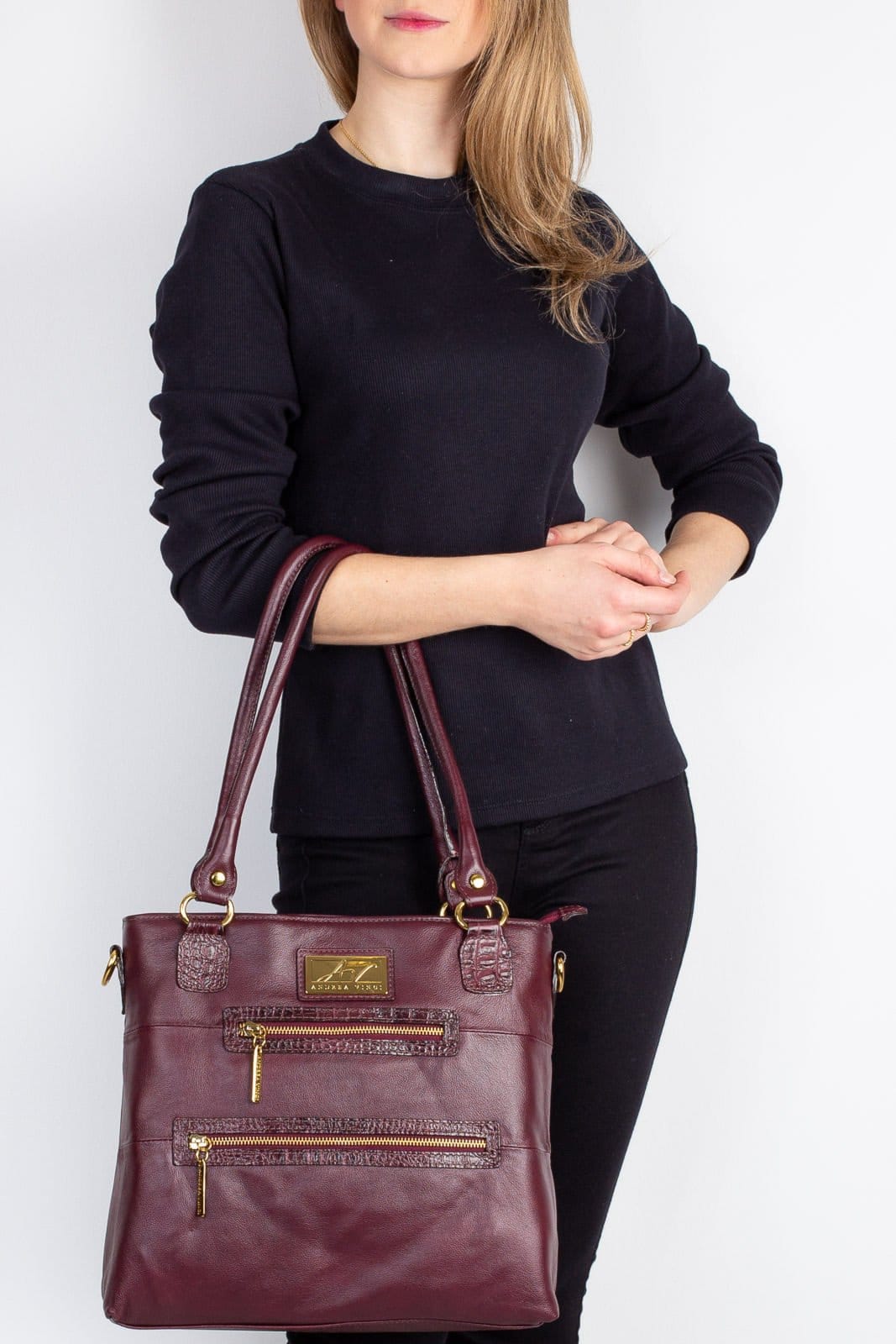 Vista 2 Bolsa de ombro em couro liso Alícia - Marsala Andrea Vinci vermelho