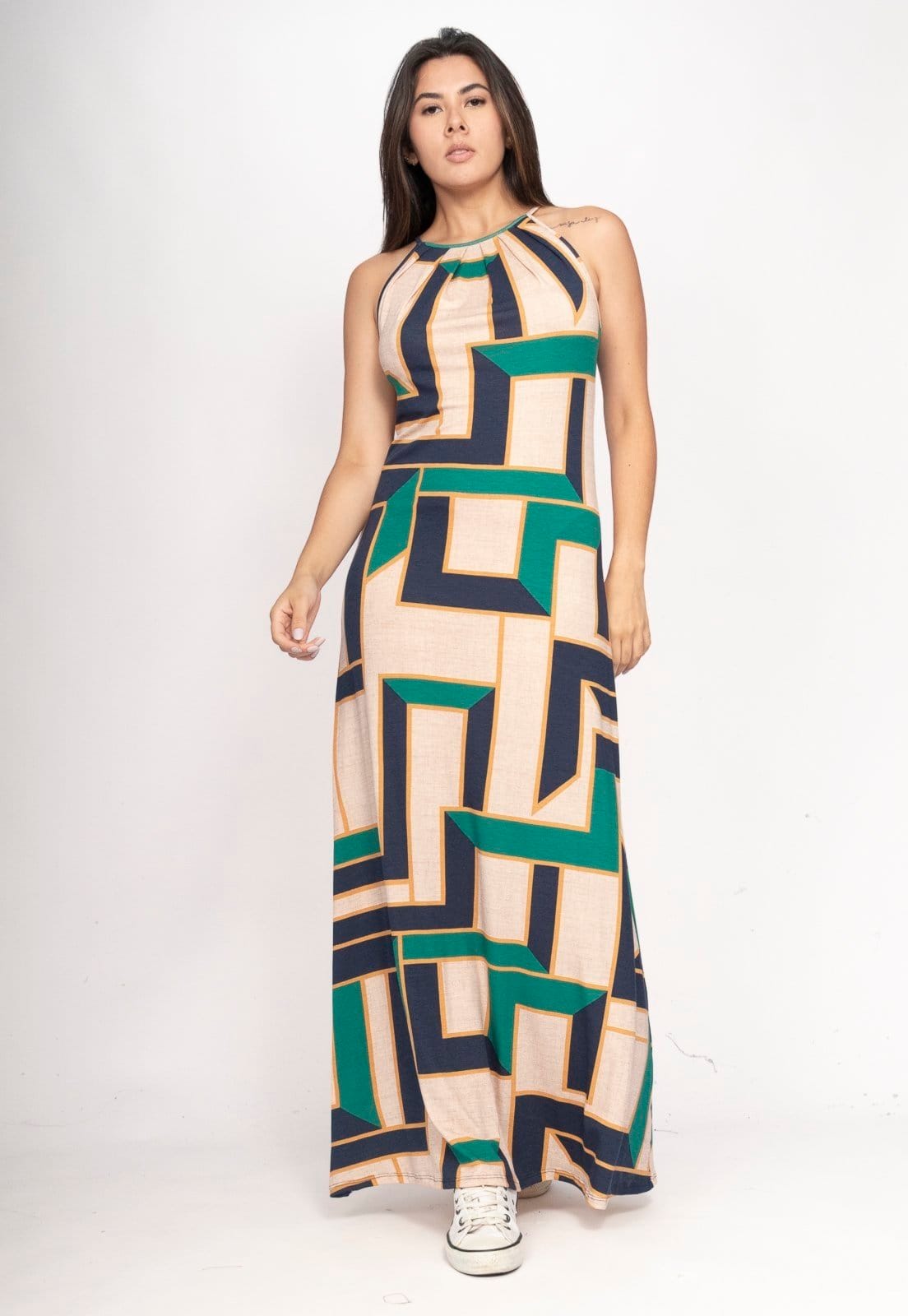 Vista 2 Vestido CabanaFree Longo Eirapuã Malha Trapézio Estampa Chapada de Areia Cabanafree estampado